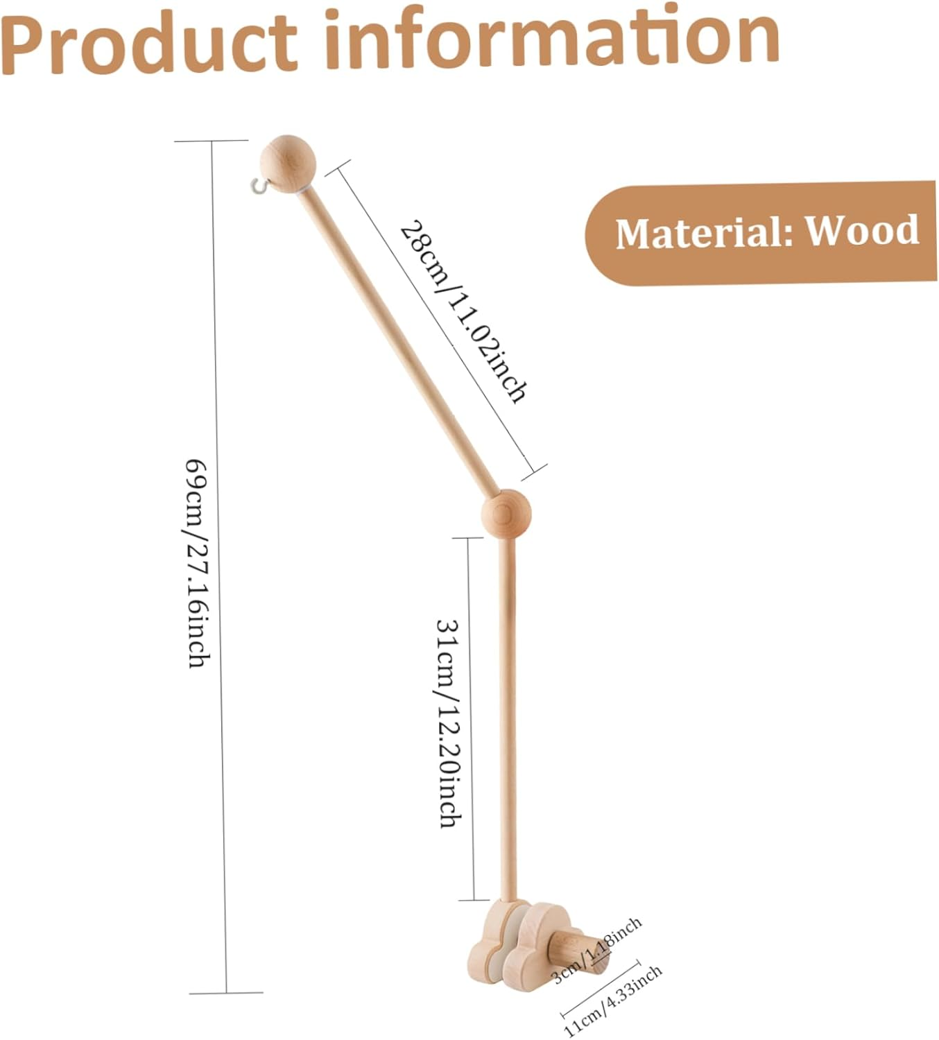 Cot Mobile Arm 27.17Inch Wooden Cloud Design Mobile Arm for Crib Detachable Baby Mobile Hanger Height Adjustable Cute Crib Mobile Arm for Bed Bell Wind Chimes image number 5