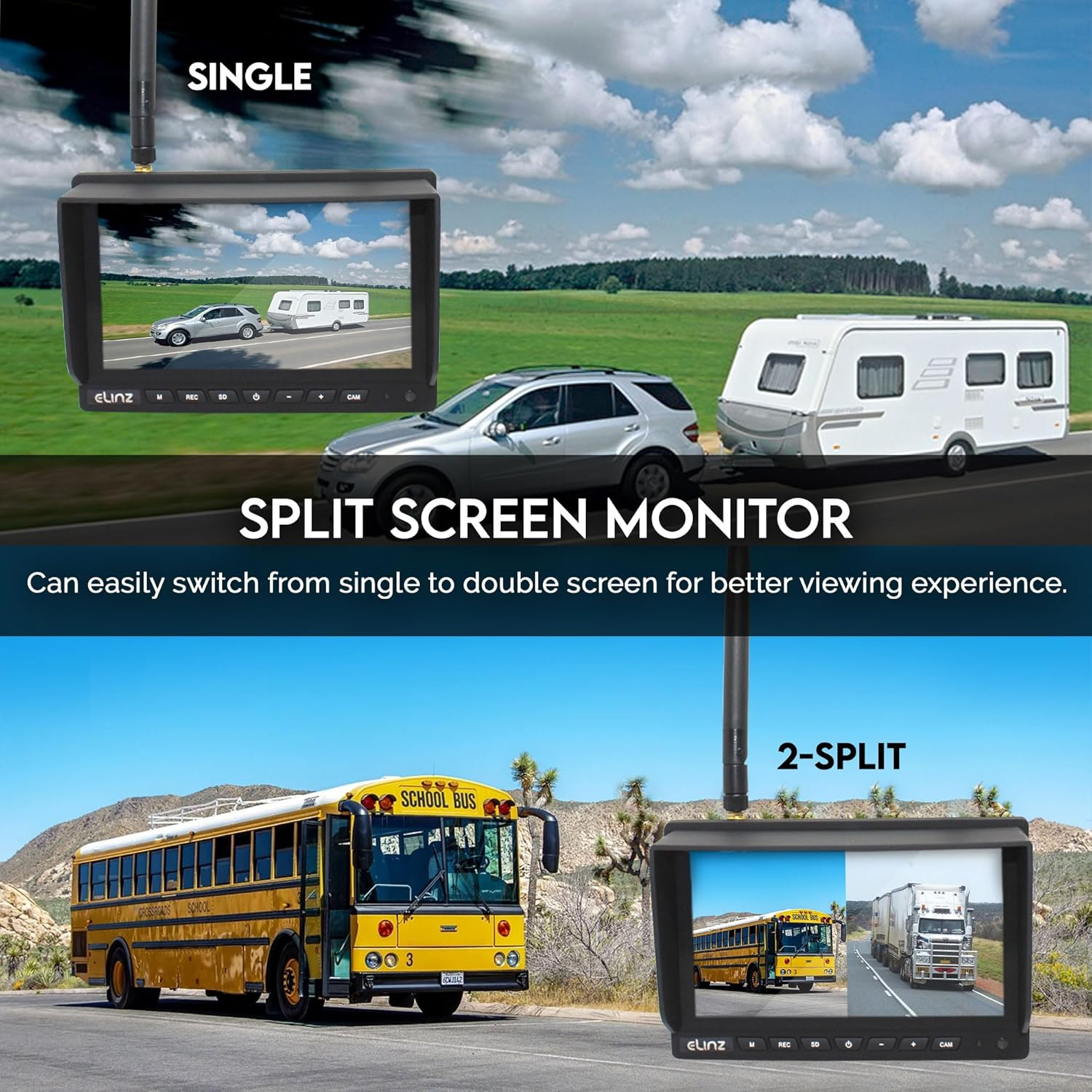 Elinz Wireless Reverse Camera 7" Monitor with 2 Reversing Camera Kit, Caravan, Truck, Bus, Trailer,Rv Splitscreen 2 Channels AV Inputs image number 3