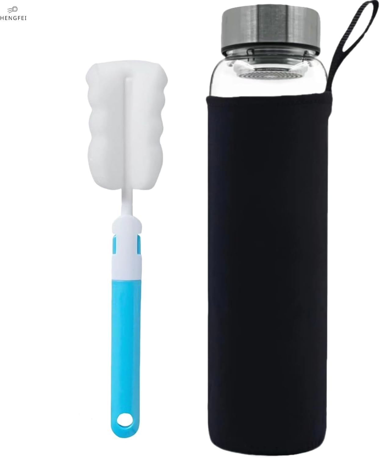 HENGFEI Glass Water Bottle 1L with Steel Lid，Clear Borosilicate Glass Drink Bottle with Infuser and Travel Sleeve. image number 6