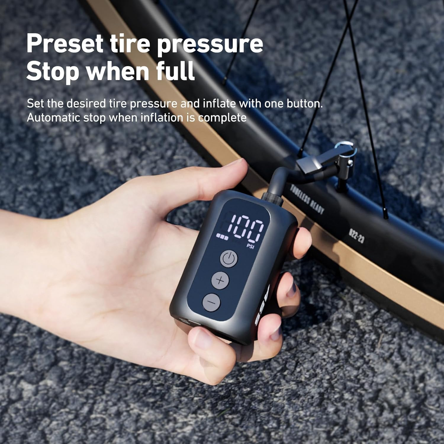 A5S Mini Tiny Bike Pump with Gauge, 100PSI Electric Bicycle Air Pump, Auto Stop, Presta and Schrader Valve Aluminium Portable Tire Inflator for All Bike, Motorcycle, Type-C Rechargeable image number 1