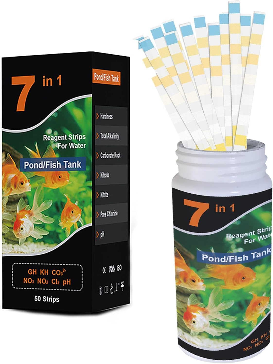 Aquarium Test Strips, 7 in 1 Fish Tank Test Strips, 100 Strips Aquarium Water Test Kit, Freshwater Test Kit for Test PH, Carbonate, Hardness, Total Chlorine, Free Chlorine, Nitrite, Nitrate image number 2