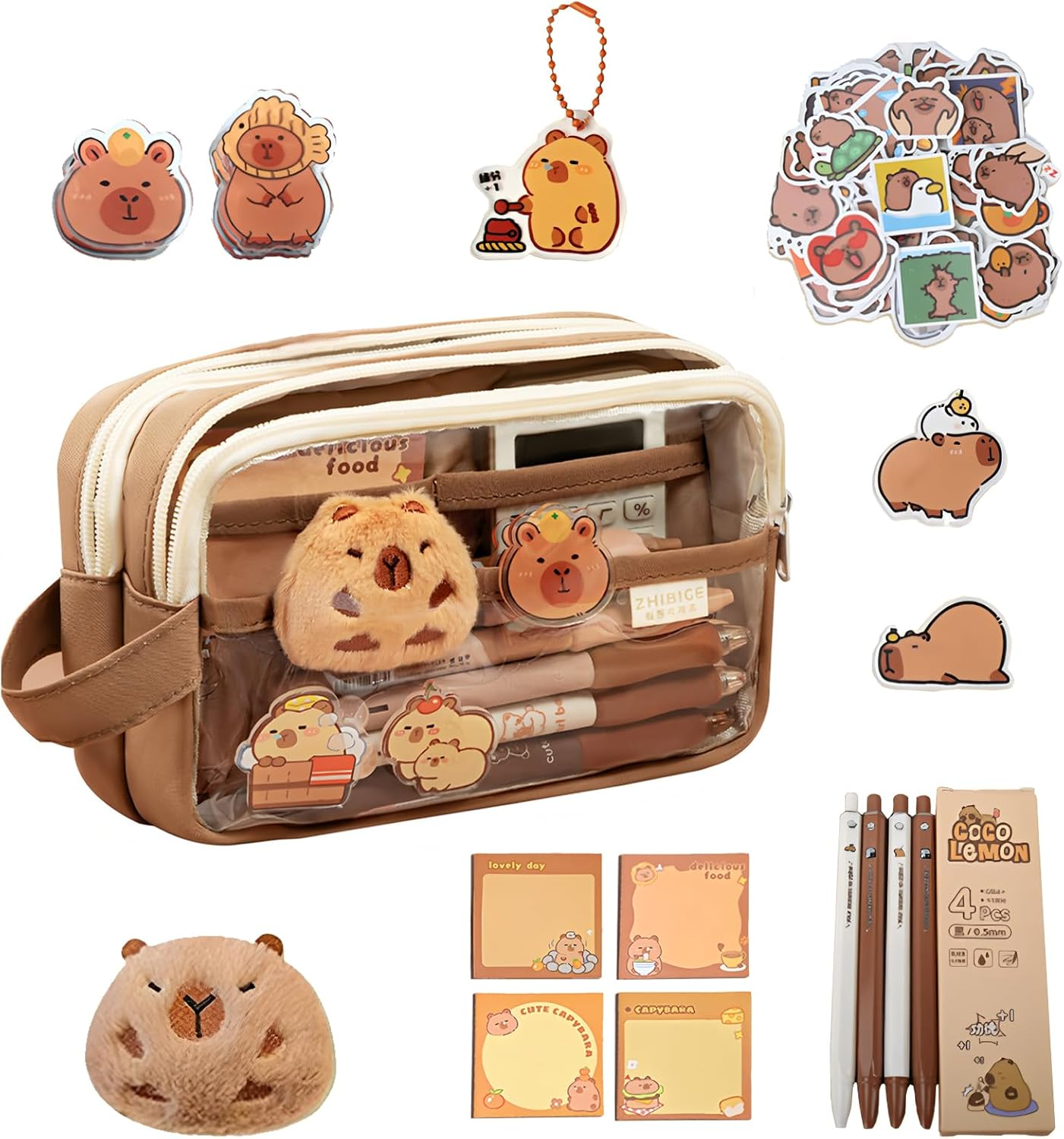 Pencil Case with Zipper,Cartoon Capybara 5 Layers Compartment Clear Pencil Case Pouch,With 4 Pens&4 Pcscartoon Accessories for Students College Office, Clear Makeup Cosmetics Bag for Adults image number 3