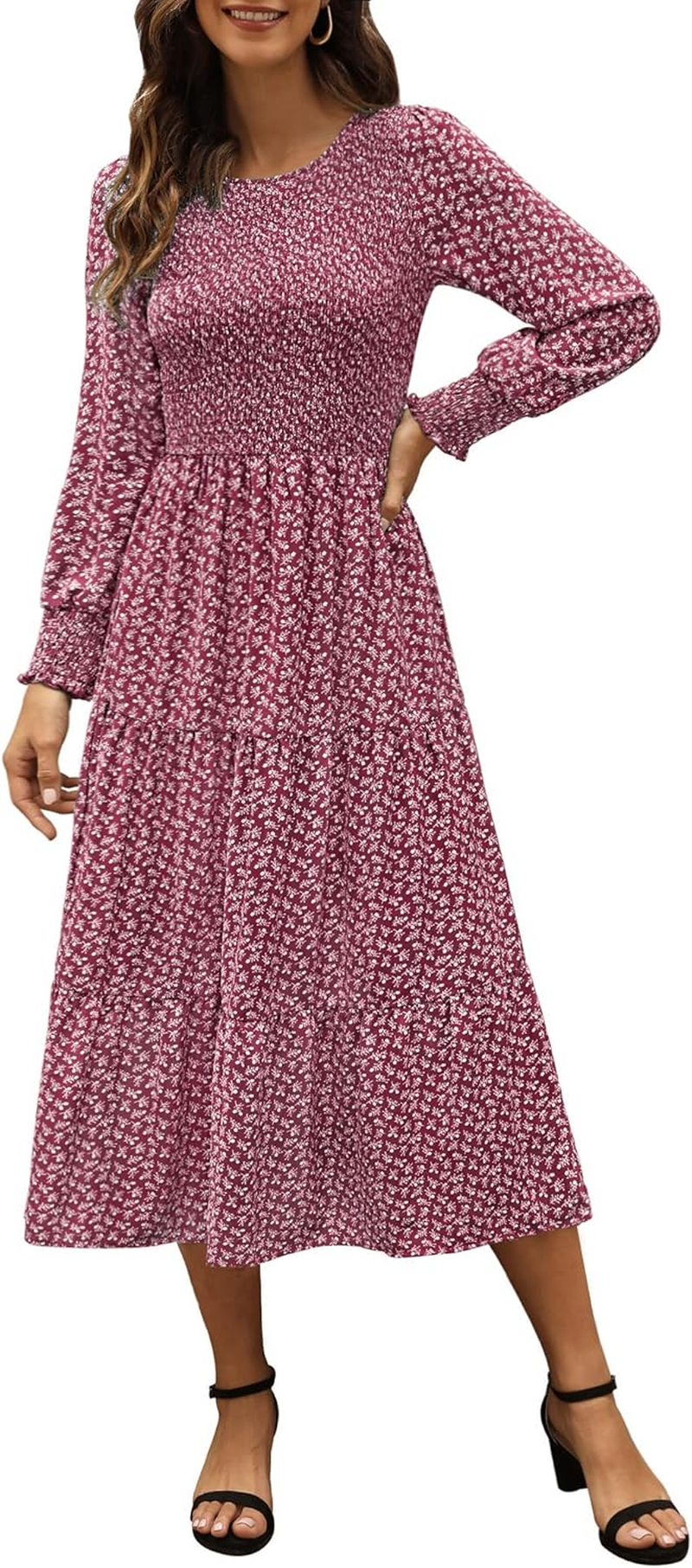 Zattcas Womens Fall Dresses 2024 Casual Long Sleeve Smocked Boho Floral Tiered Midi Wedding Guest Dress with Pockets image number 4