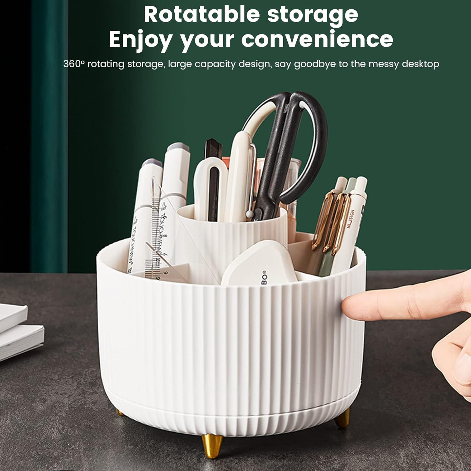 Desk Pencil Pen Holder, 5 Slots 360&deg; Degree Rotating Pen Organizer, Desktop Storage Pen Organizers for Desk Storage Stationery Supplies Pencil Cup Desk Accessories for Office School Home Art Supply - White image number 5