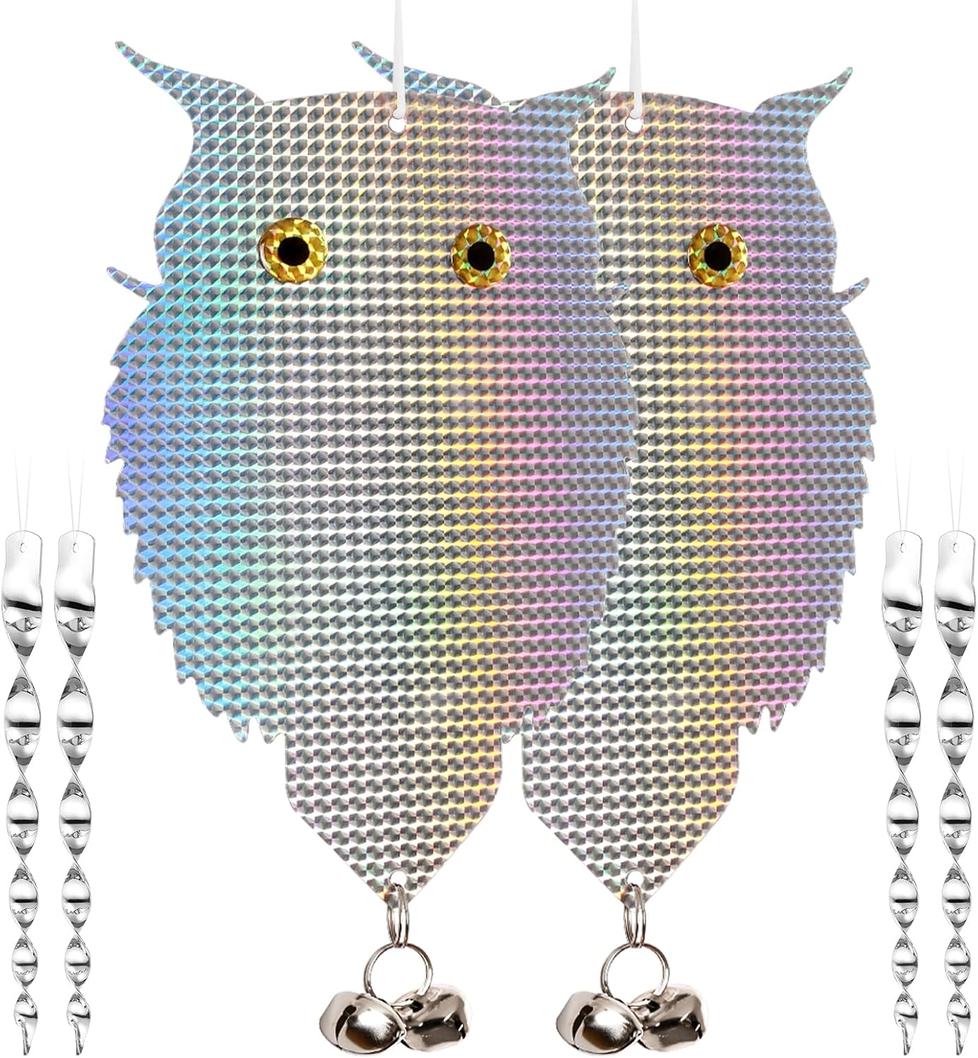 OFFO Owl Decoy for Pigeon Deterrent Hanging Outdoors Reflective Plastic Owls to Scare Pigeons to Keep Birds Away on Gardens with Bells 2 Pcs+4 Rods image number 6