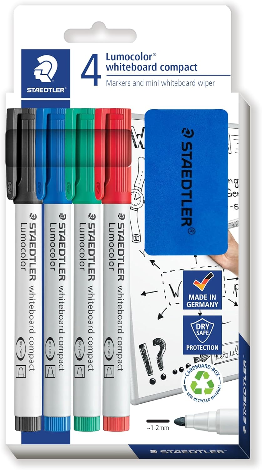 Staedtler Lumocolor Compact Bullet Point Whiteboard Marker with Eraser, Assorted (Pack of 4)