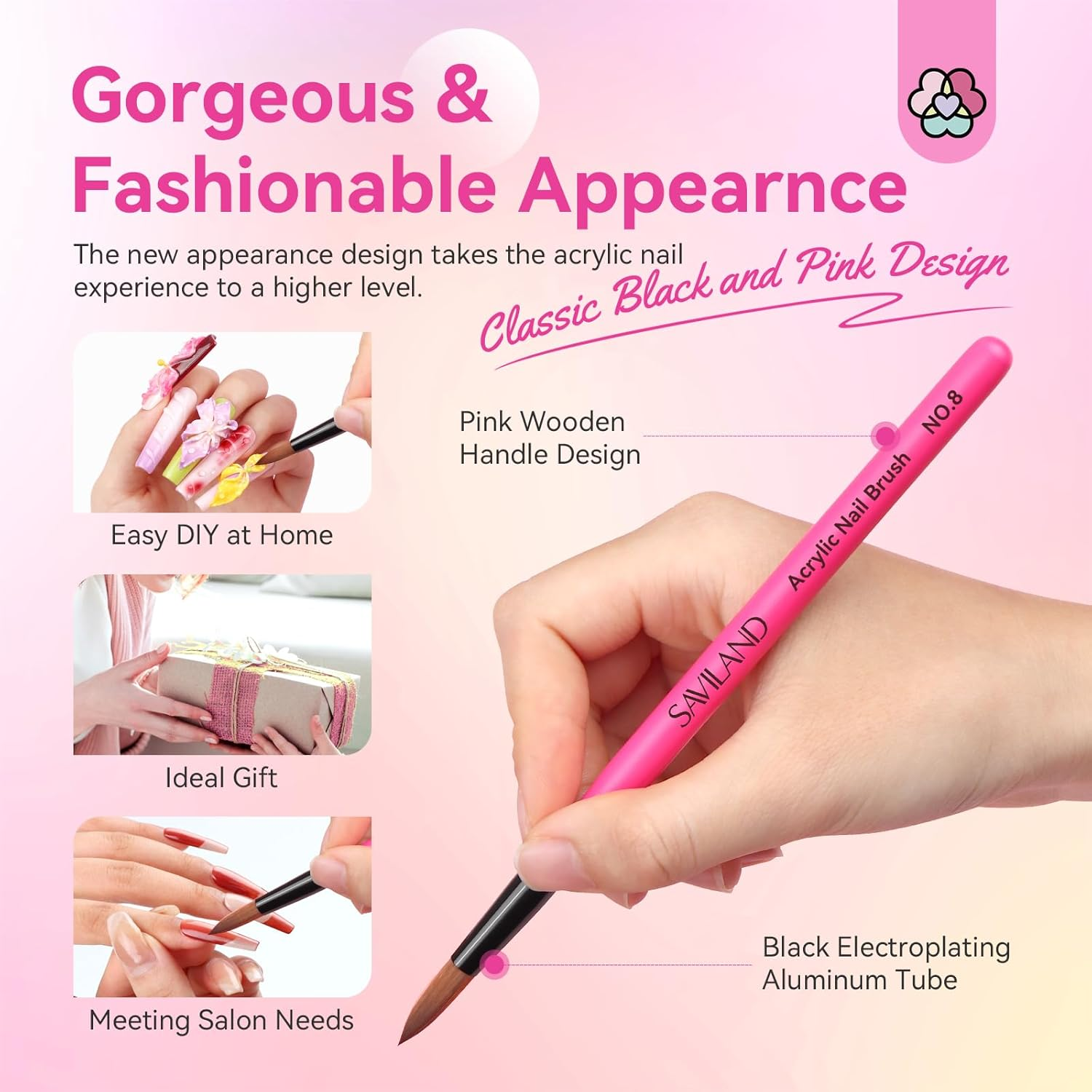 SAVILAND Acrylic Nail Brushes Set: Sizes 8, 10, 14 Nail Brushes for Professional Acrylic Powder Applications, Nails Extension, 3D Carving for Home Salon DIY Nail Art Brush Manicure Acrylic Tools Pink image number 6