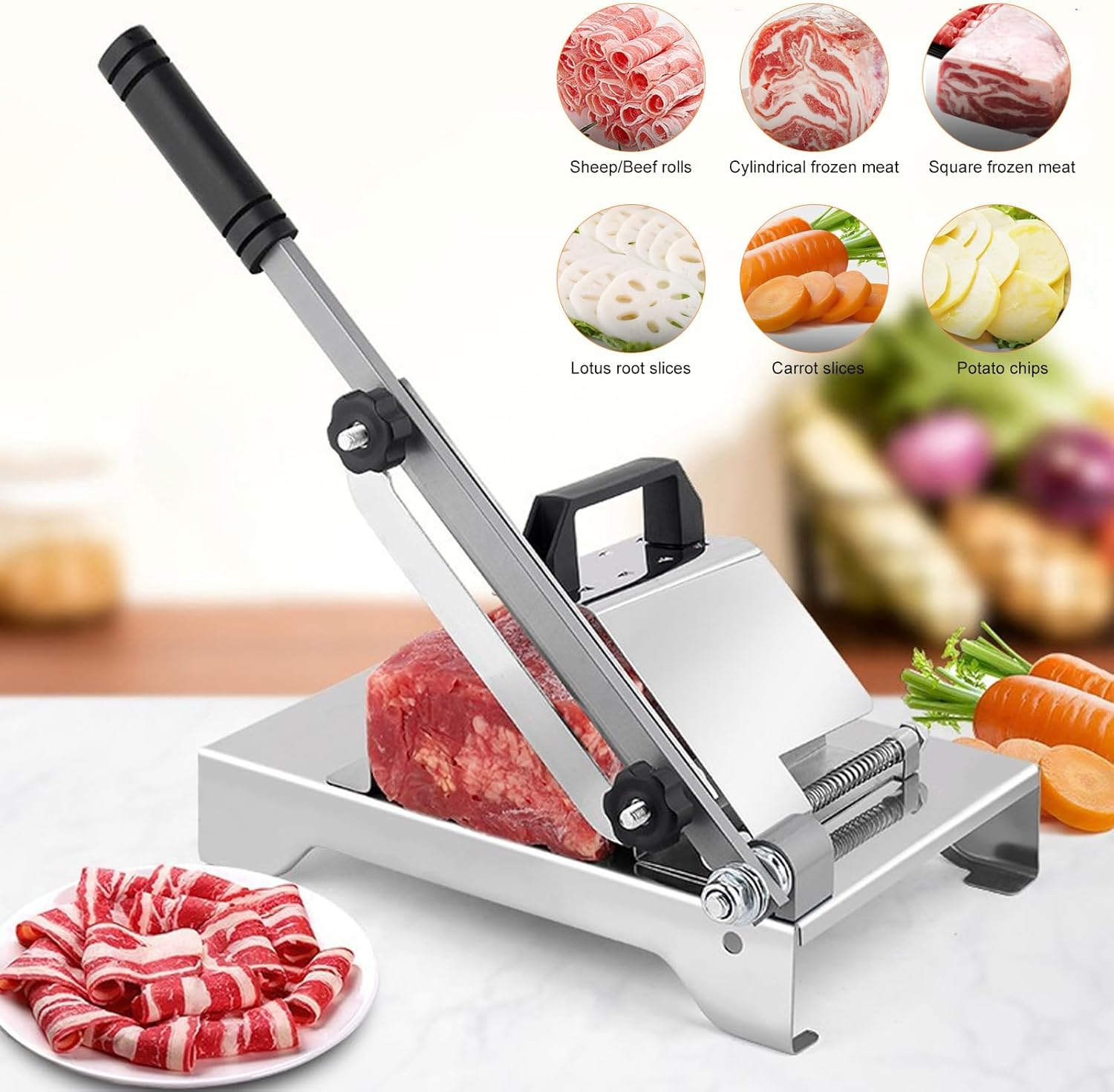 Manual Frozen Meat Slicer, Labor Saving Stainless Steel Beef Slicer Machine with Ergonomic Handle, Adjustable Thickness Meat Guillotine for Frozen Mutton, Pork image number 3