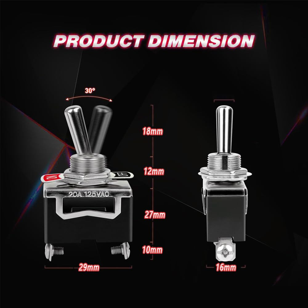 AIMALL 5X Waterproof Toggle Flick Switch 250V On/Off Car Dash Light Metal 12 Volt Boot, SPST 2Pin Heavy Duty, 15A Rocker Toggle, 1.14X0.63X2.2 Inches image number 4