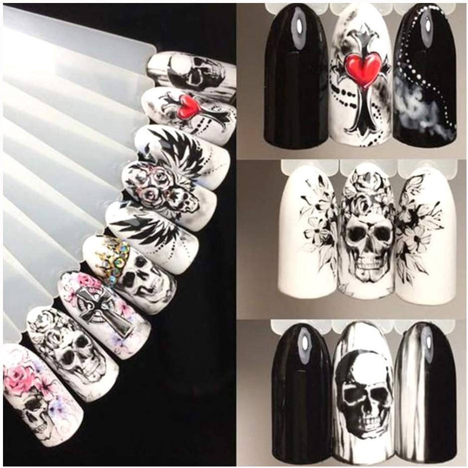HANGQINGHENG 24 Pcs Halloween Nail Art Water Sticker Set Anime Skull Bone Decals Gel Polish Slider Accessories (Color : NJ110 30Pcs) image number 3