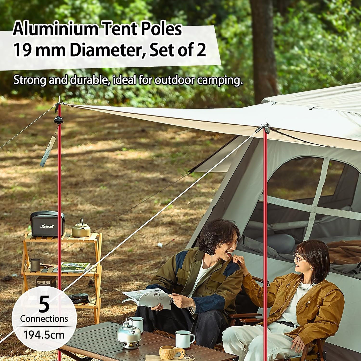 KOMCLUB Tent Tarp Poles 76" Adjustable Camping Tent Poles 19Mm Set of 2 Lightweight Aluminum Shade Pole for Awnings Canopy Rain Fly Shelter (Red) image number 4