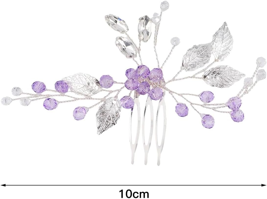 Laroal Elegant Bridal Leaf Crystal Rhinestone Hair Comb Headband - Purple and Silver Wedding Tiara for Women Girls Bridesmaids (14 * 7.5Cm)