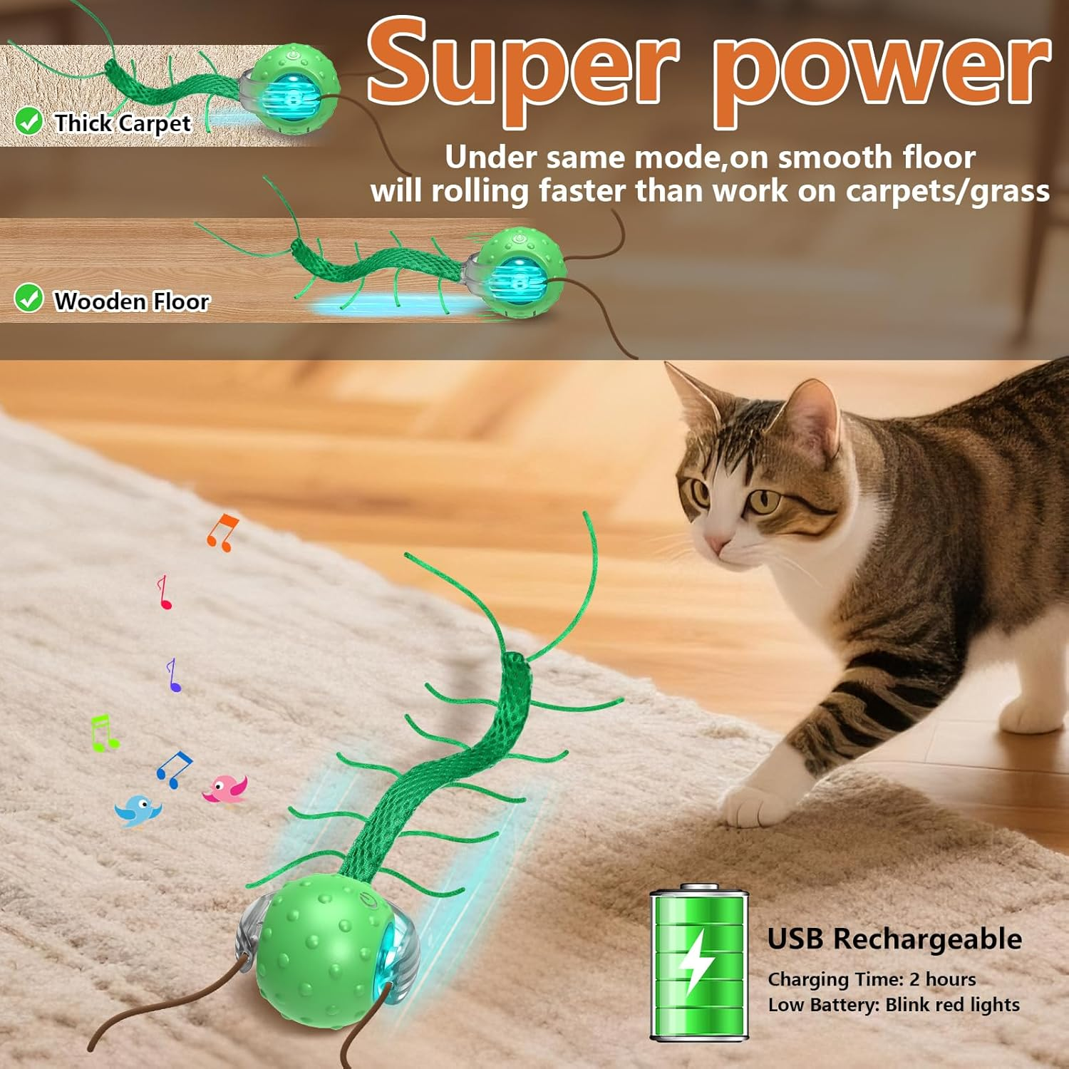 Giociv Interactive Cat Toys for Bored Cats, with Chirping, Centipede Motion Wake-Up Super Motor Cat Ball on Rug image number 4