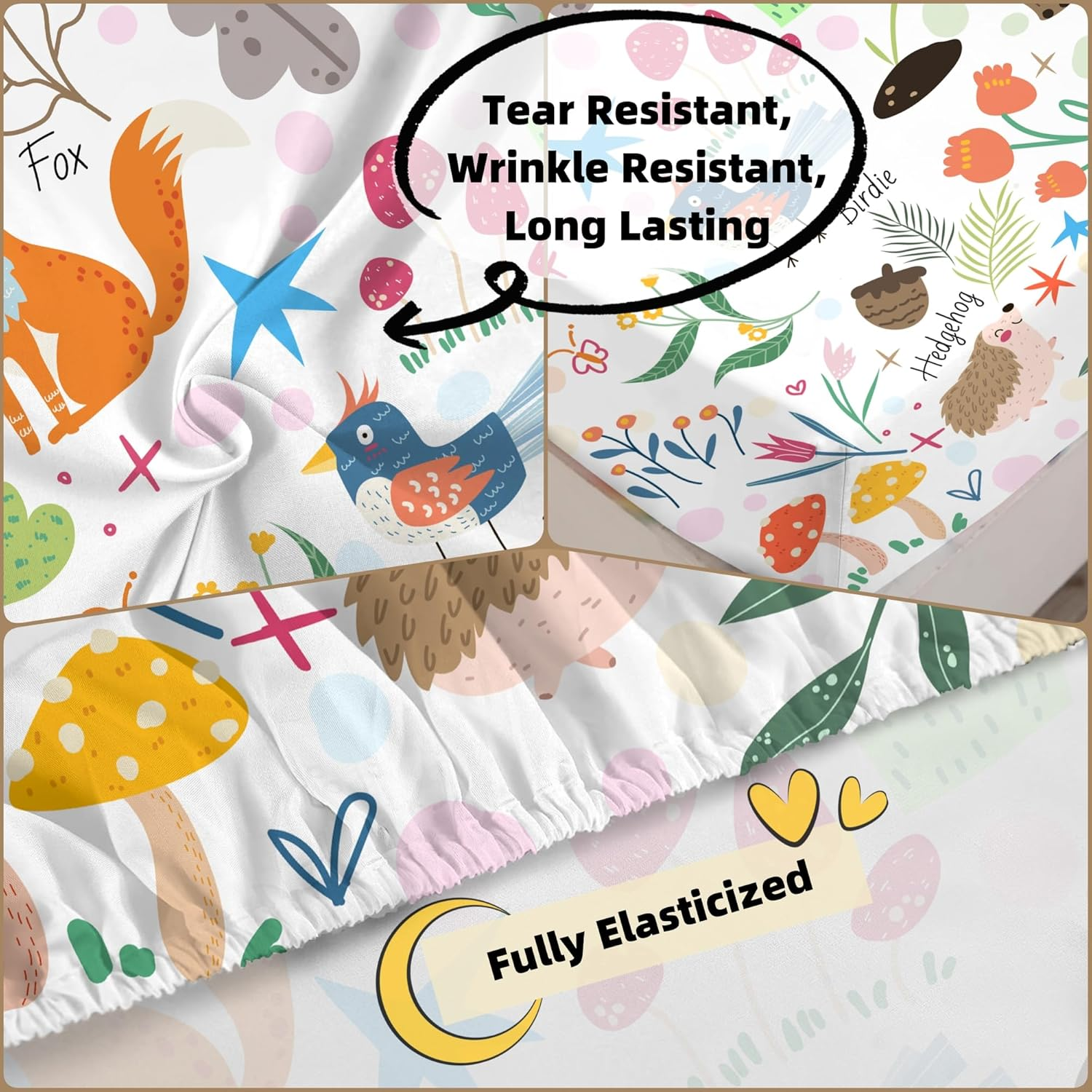 EDGZKO Sheet Set Cartoon Animals: Queen Size Cute Bed Sheets for Toddler Girls Boys Kids Deep Pocket Lovely Fox Bear Lion Flowers 4 Piece Bedding Sets 1 Flat Sheet & 1 Fitted Sheet & 2 Pillowcases image number 2