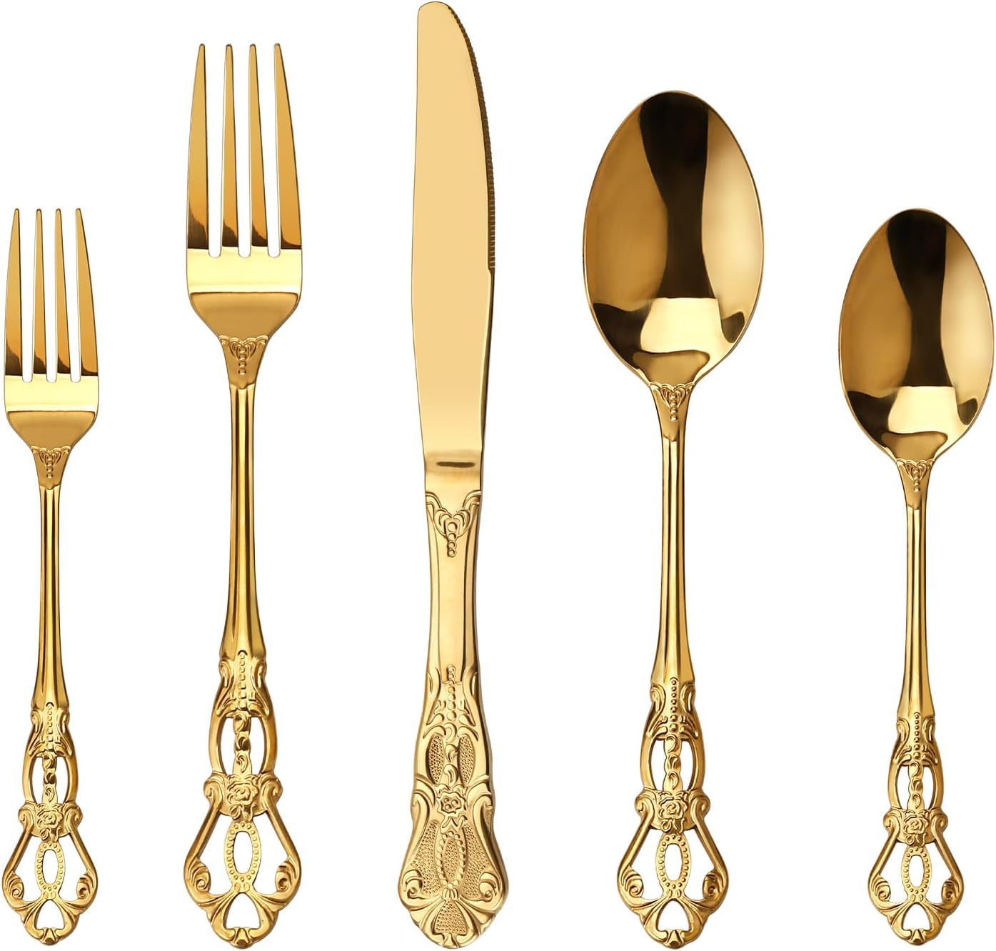 SHEUMNT Retro Gold Silverware Set for 4, Gorgeous 20 Pieces Stainless Steel Golden Flatware Set, Service for 4, Anti-Rust Dark Utensils Fork Spoon Knife, Antique Baroque Cutlery Set