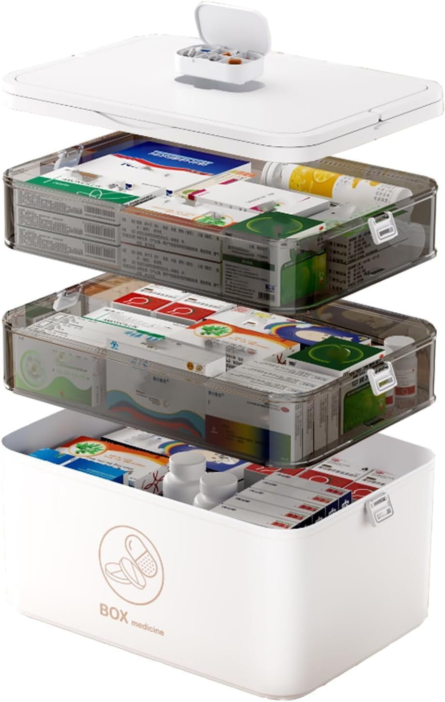 3-Tier Medicine Storage Box, Portable Medicine Cabinet, Portable First Aid Kit Container, Multipurpose Plastic Organizer with Handle for Home, Travel, Family Emergencies image number 3