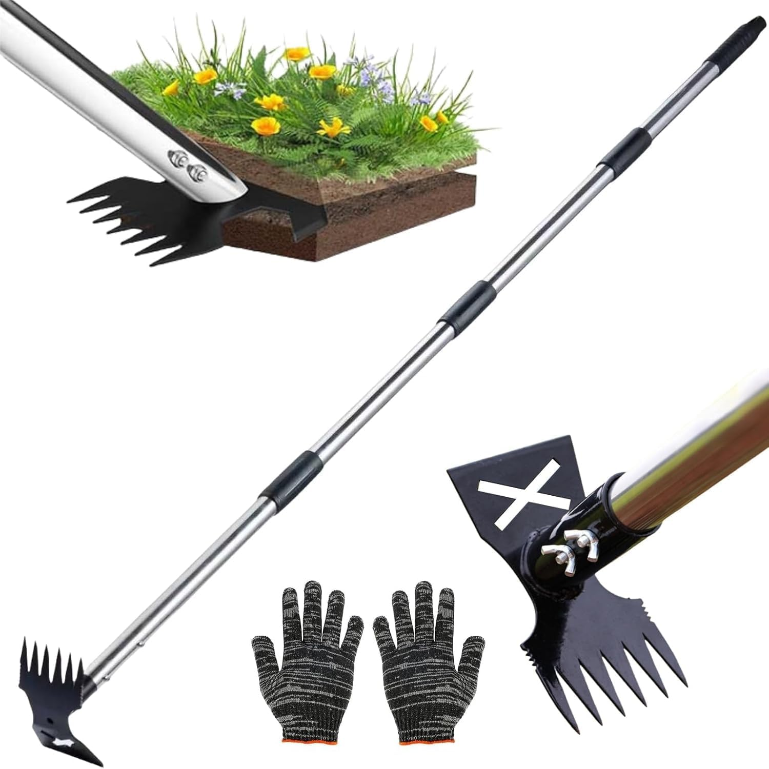 Weed Puller Tool with Long Handle, 2 in 1 Manual Weed Rake and Garden Hoe 150Cm Weed Remover Gardening Tools, Heavy Duty Uprooting Weeding Pull for Yard, Lawn, Patio and Garden image number 2