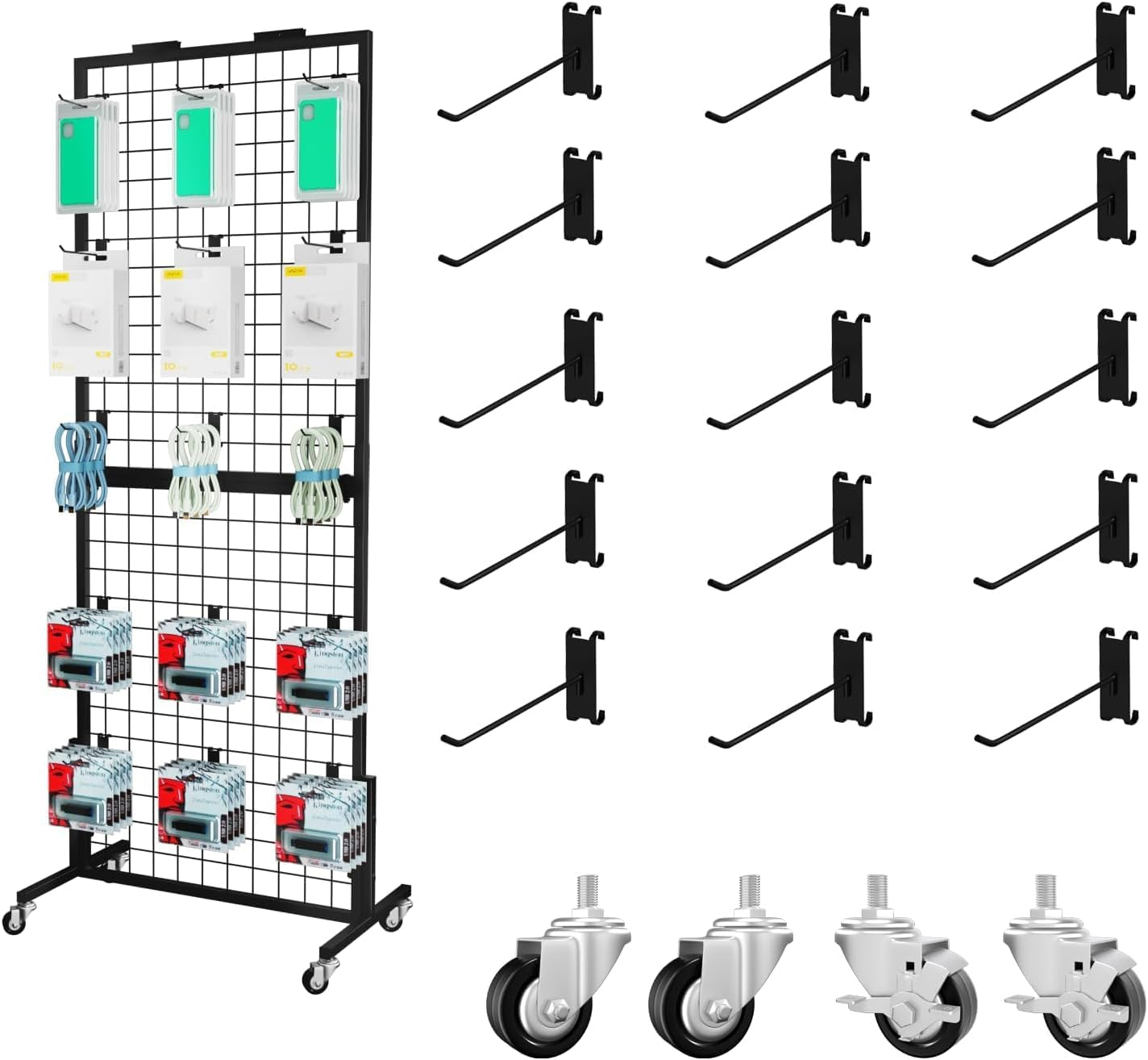 Lhysn Grid Wall Panel Display Stand, Retail Rack, Shop Display Rack, with 15 Hooks, Heavy Movable Detachable Gird Rack for Easy Transport, Party/Double Side Display Stand, for Shop/Office/Home (1 PC) image number 1
