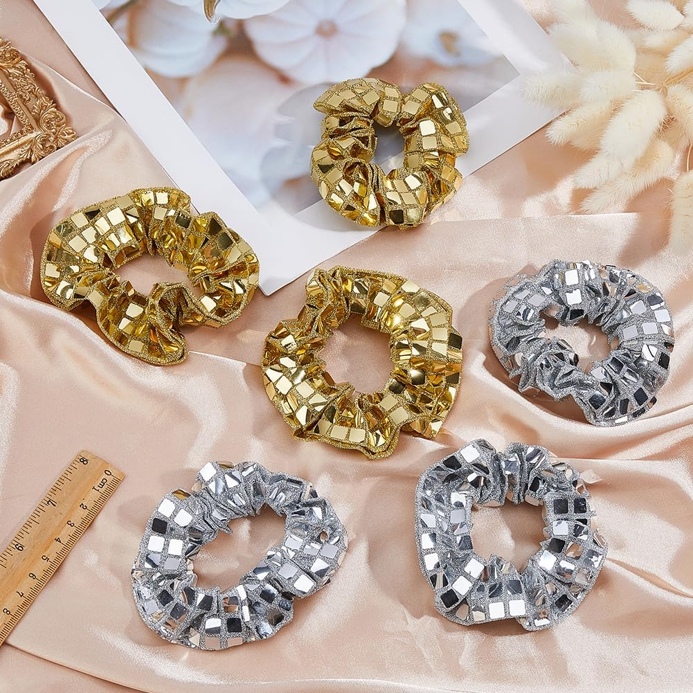 Hobbspring 12Pcs Polyester Scrunchy Hair Ties Plastic Paillette Mirror Disco Sequin Hair Scrunchies Elastics Glitter Silver&Gold Retro Ponytail Holders for Women Bachelorette image number 4
