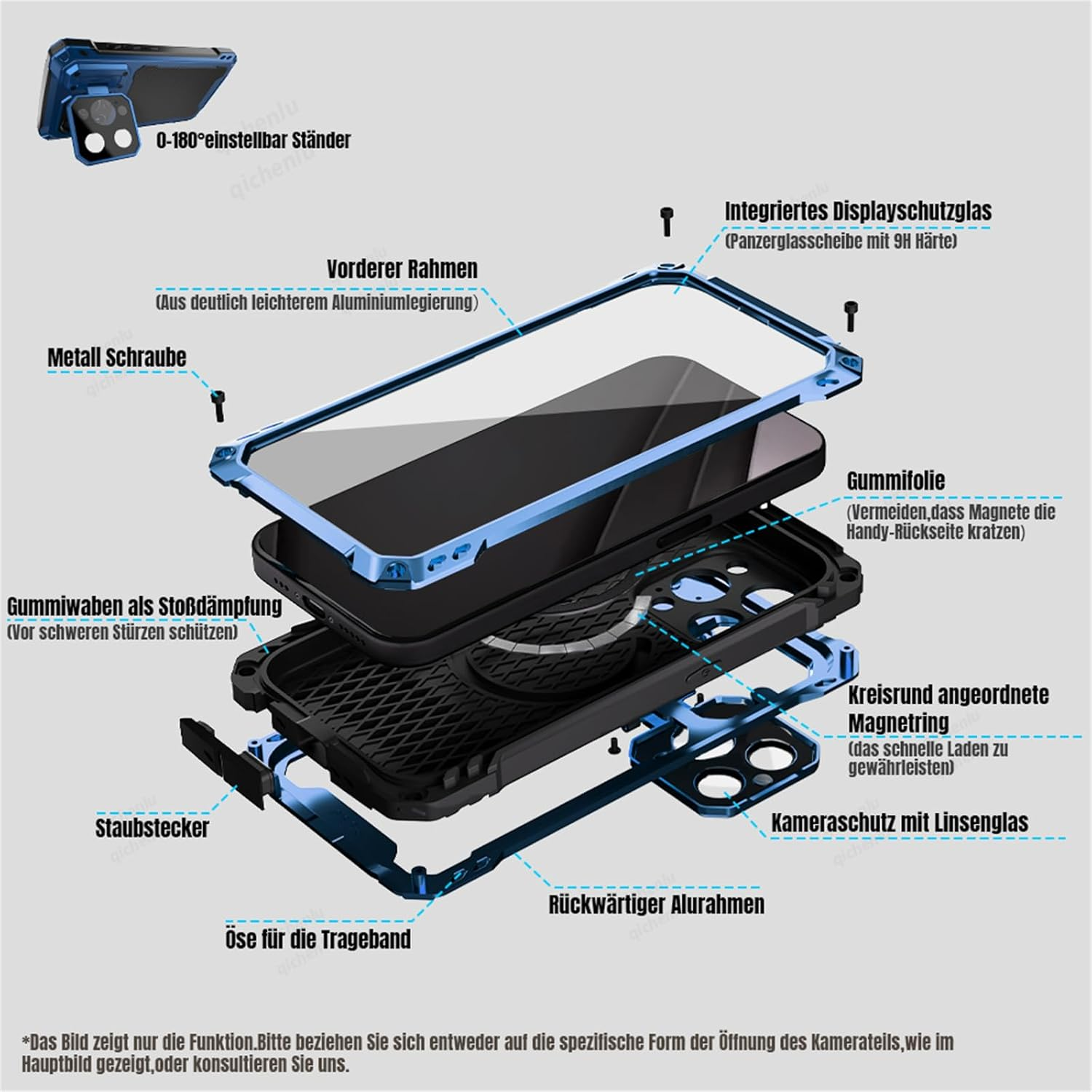 Qichenlu Extremely Lightweight Aluminium Outdoor Case for Iphone 16 Pro Max, Compatible with Magsafe, Magnetic 360 Degree Case with Covered Camera Button, Display Glass, Camera Protection Stand, Blue image number 1