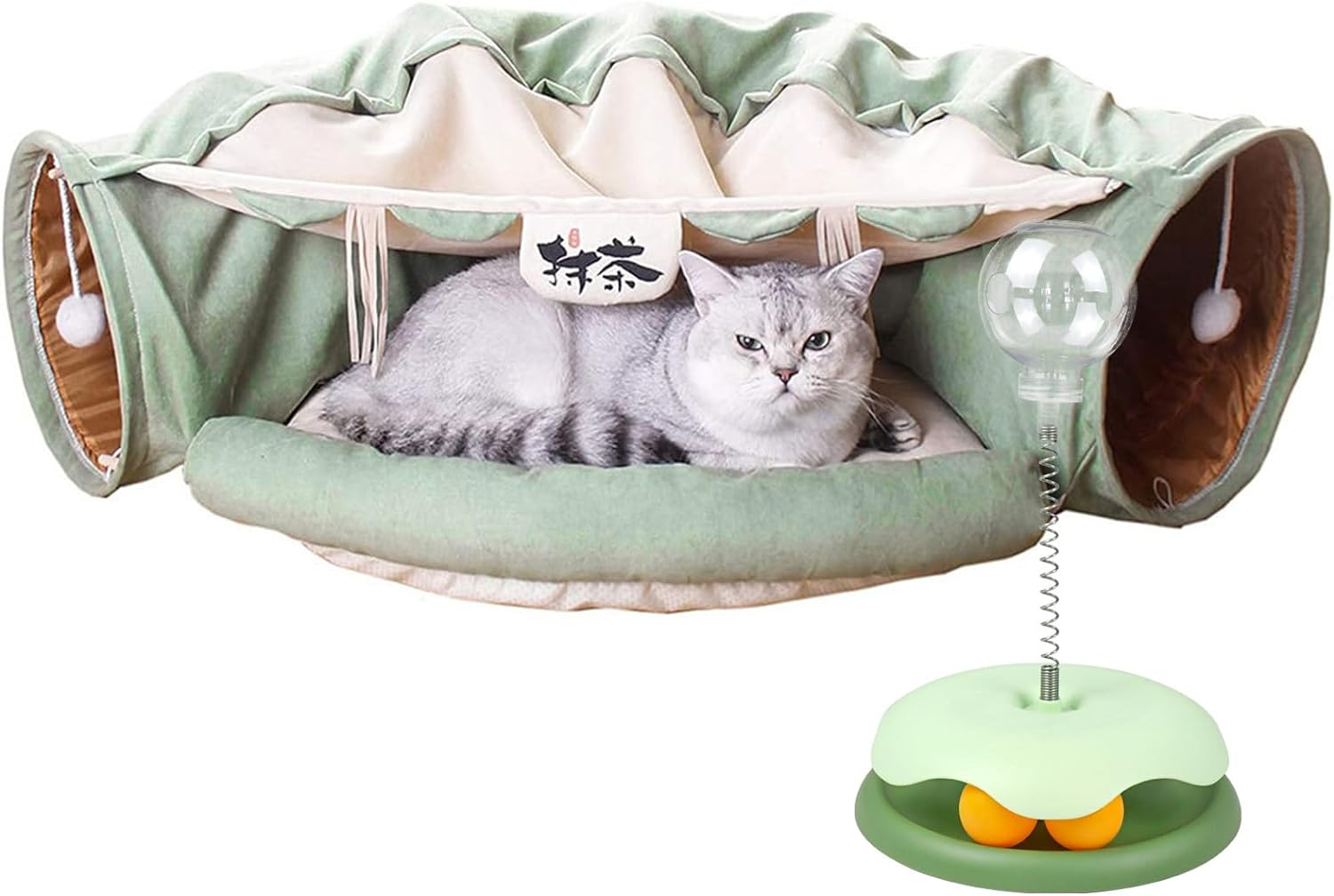 BOMEI Pack Cat Tunnels for Indoor Cats,Collapsible Cat Tunnel Tubes Toys with Removable Mat， 2-In-1 Cat Tunnel Bed with Cat Toys for Cats,Rabbits (Green) image number 4