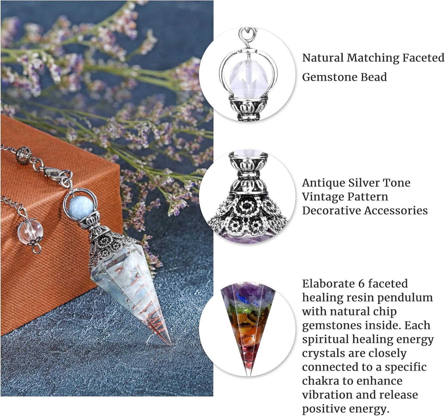 GEHECRST Natural Aquamarine Healing Crystal Dowsing Pendulum Reiki Gemstone Chips Orgone 6 Faceted Hexagonal Pointed Cone Resin Spiritual Pendant for Divination, Wicca, Energy Balancing (AKUS9022) image number 5