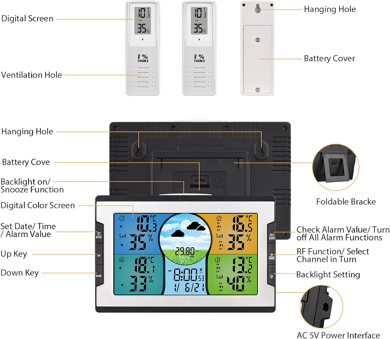 Digital Weather Station with 3 Remote Sensors 328Ft/ 100M Indoor Outdoor Temperature Humidity Monitor Alarm Clock with Snooze Thermohygrometer with Weather Forecast/Pressure/Backlight/Date/Week/ image number 1