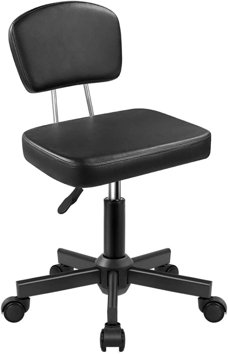 Rolling Stool Chair with Backrest Height Adjustable 360&deg; Swivel Stool with Wheels Square Seat PU Leather Rolling Stool for Bedroom Counter Shop Salon Massage Home Office Drafting Work (Black) image number 4