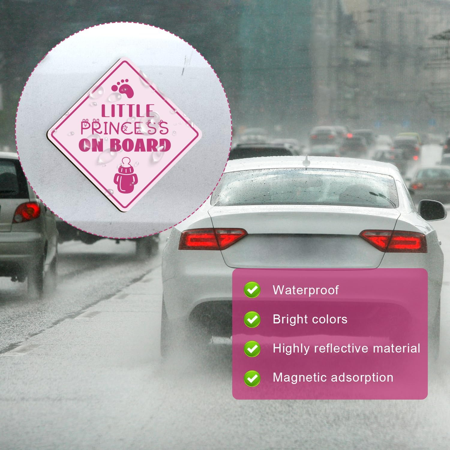 2Pcs Little Princess on Board Car Stickers, 5.1X5.1 Inch Reflective Magnetic Baby in Car Sticker for Car Safety Warning Sign Decals Accessories for Various Vehicles image number 5