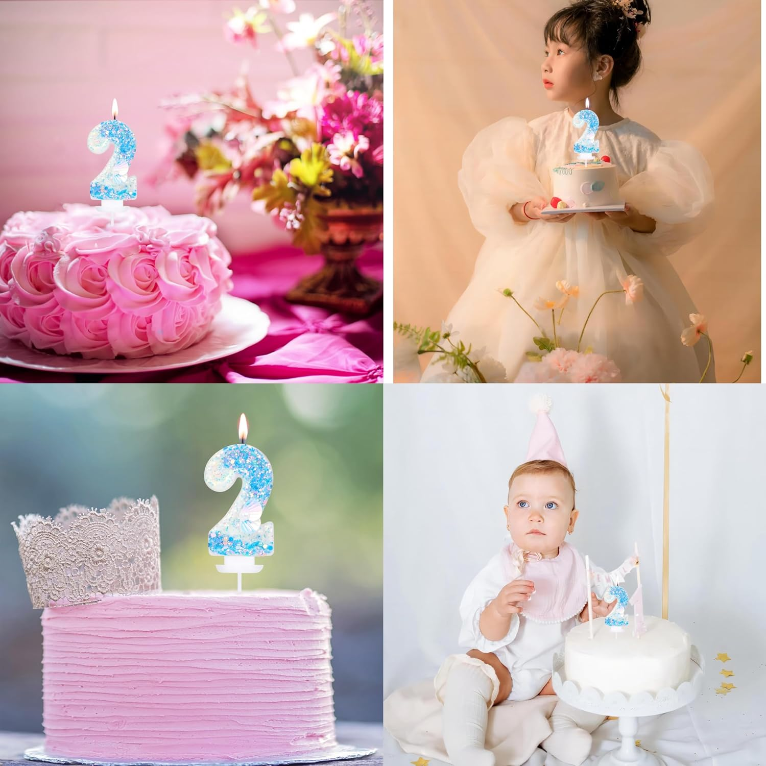 Number 2 Candle with 3D Sea Shell and Frozen Blue Sequins Glitters for Boy Girl Happy 2Nd Mermaid Birthday Party Decorations and under the Ocean Sea Themed Supplies image number 6