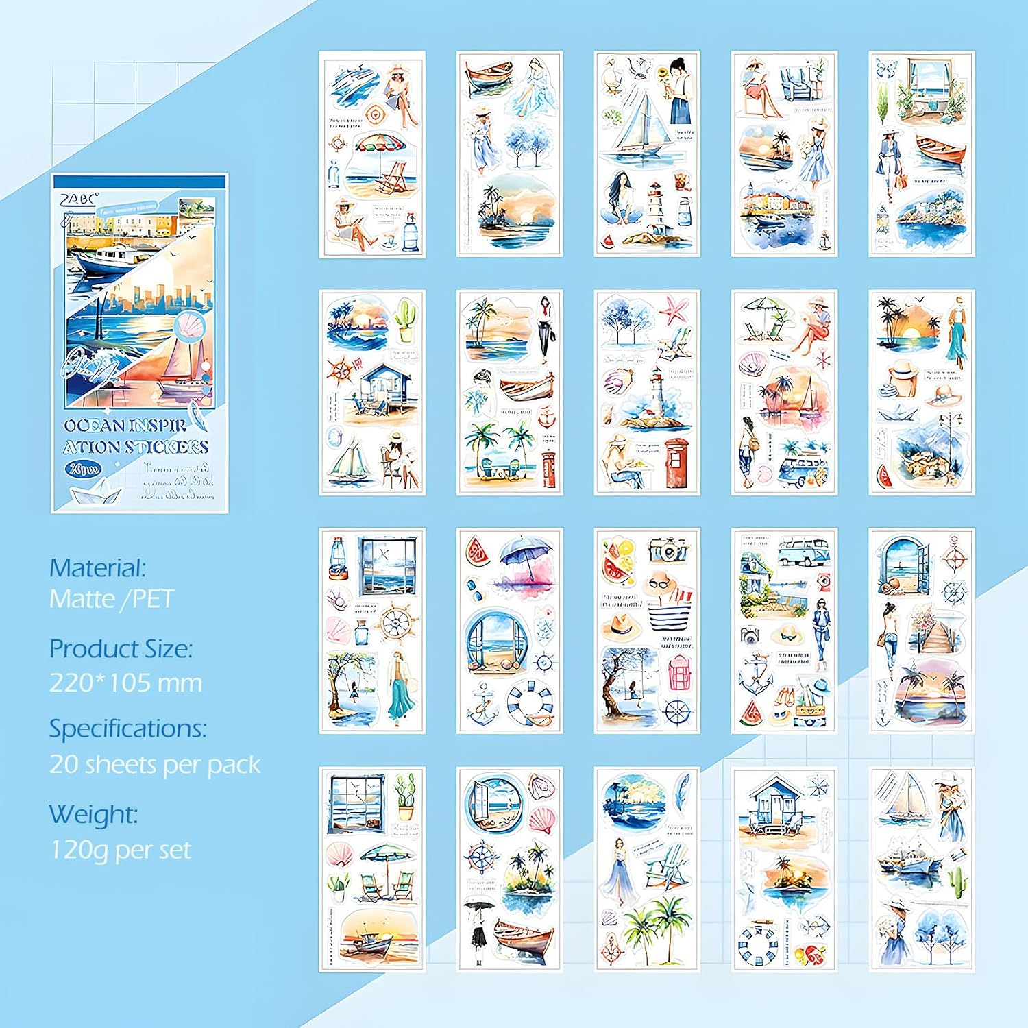 Snycler Blue Ocean Series Sticker Book - 20 Sheets Vintage PET Stickers for Scrapbooking, Junk Journaling, Ephemera, and Decorative Crafts - Pre-Cut Nautical Design Stickers
