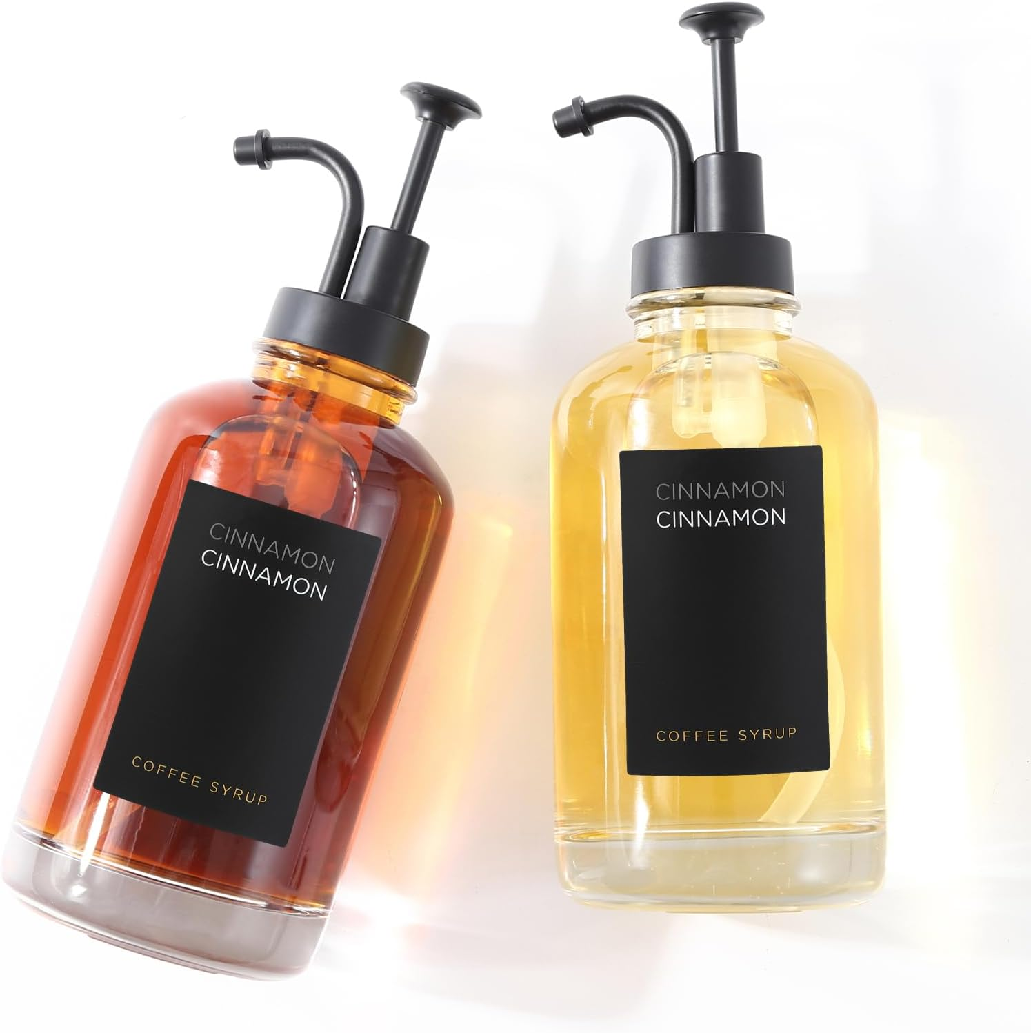 Joyfulmap 2 Coffee Syrup Dispenser with 18 Labels, Black Pump Dispenser with Bottles for Coffee Bar, Minimalist Glass Coffee Bottle, Simple Maple/Coffee Syrup Bottles W. Black Labels,16.9 Oz 500 Ml