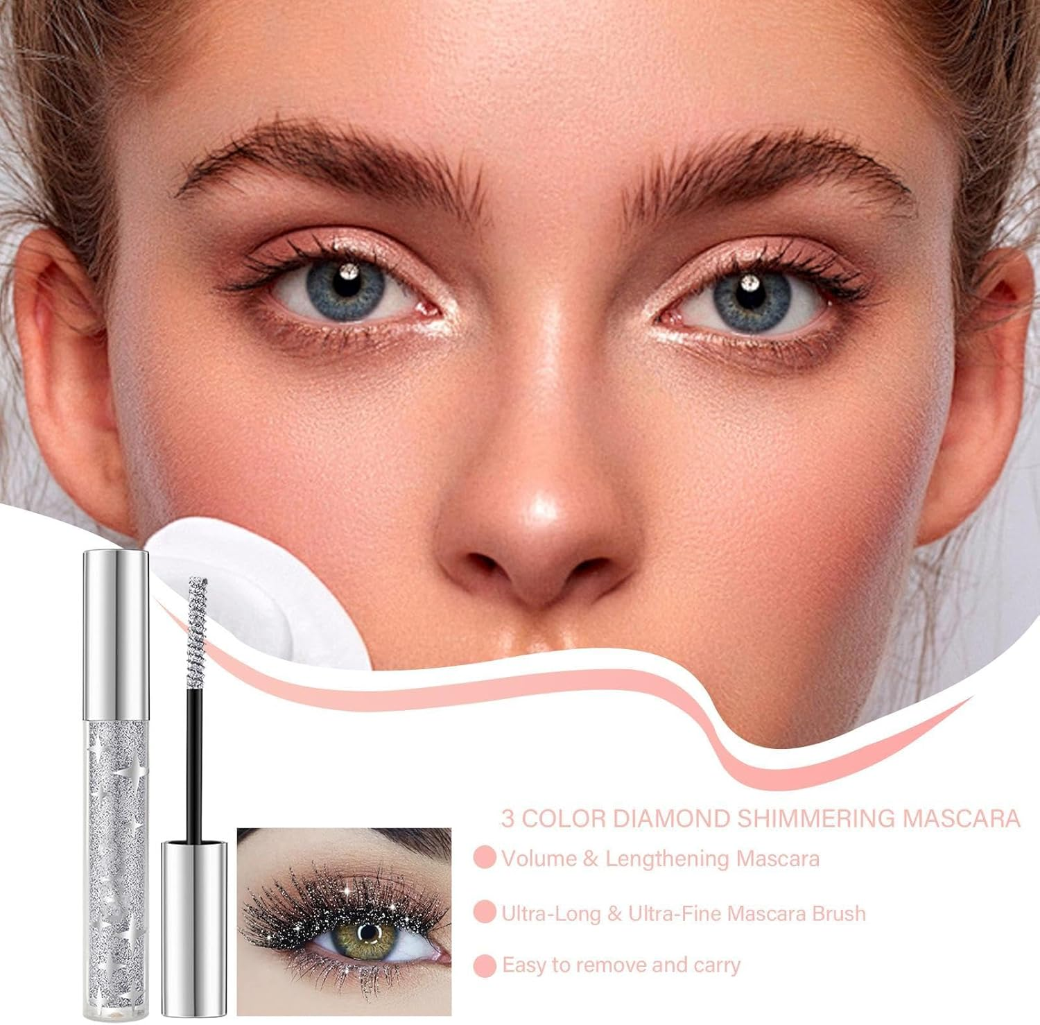 Glitter Mascara Eyeshadow - Lengthening Volumizing Colorful Mascara | Thick Shiny Eyelash Curling Extension Makeup | Sparkling Diamonds Silver Mascara | Waterproof Colorful Lashes for Eyelashes, image number 2
