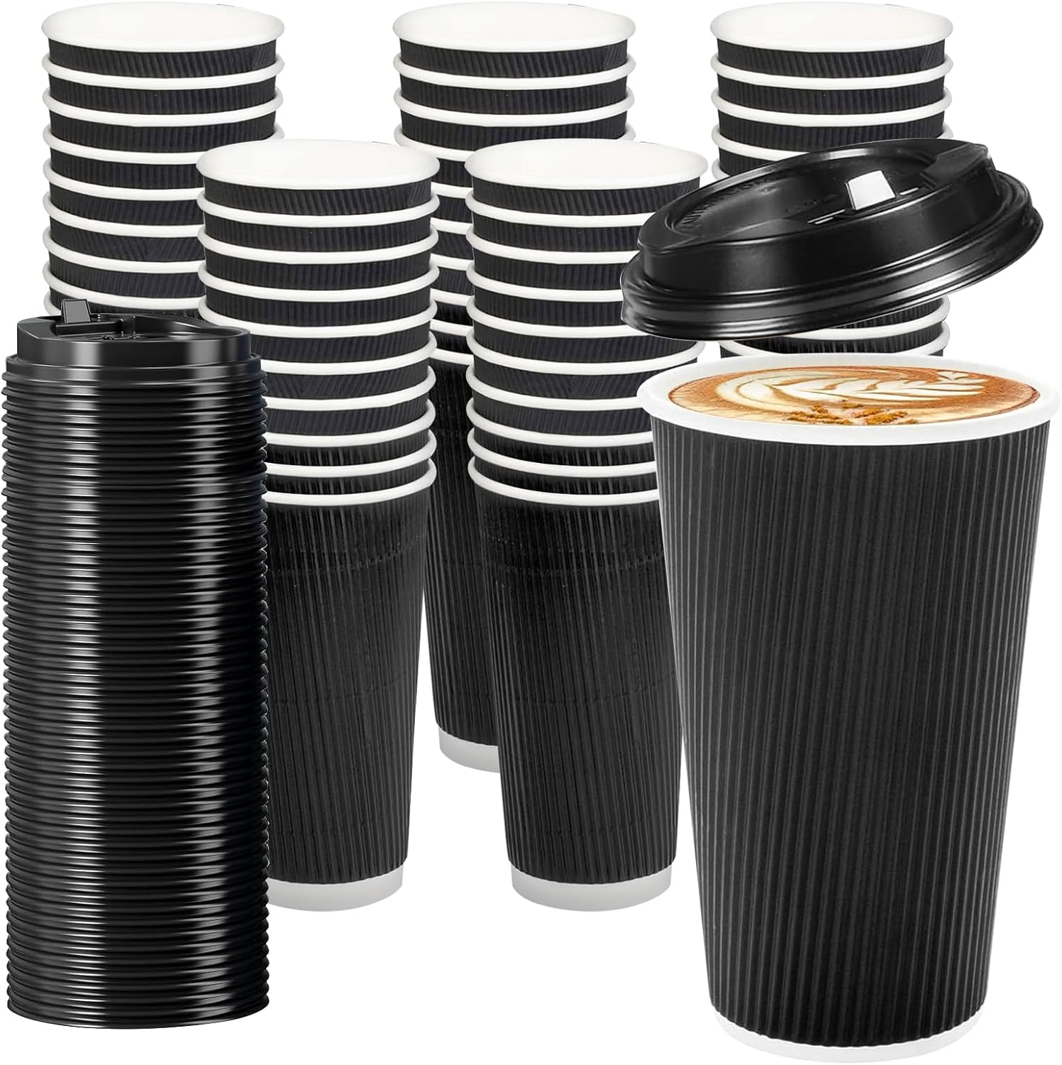 COHGUDA 50 PCS Disposable Paper Coffee Cups with Lids, 16 Oz Insulated Paper Cups for Hot and Cold Drinks, Corrugated Ripple Wall Cup Suitable for Party Travel (16Oz) image number 4