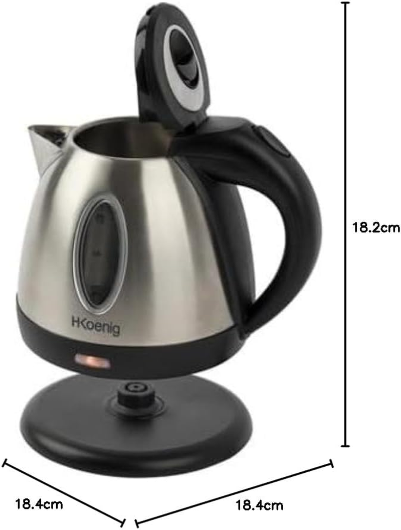H.Koenig BO12 Kettle 1.2 L Stainless Steel Compact and Practical 1630 W, Measuring Cup with Visible Water Level, Quick Cooker, Washable, Indicator Light, 360&deg; Base