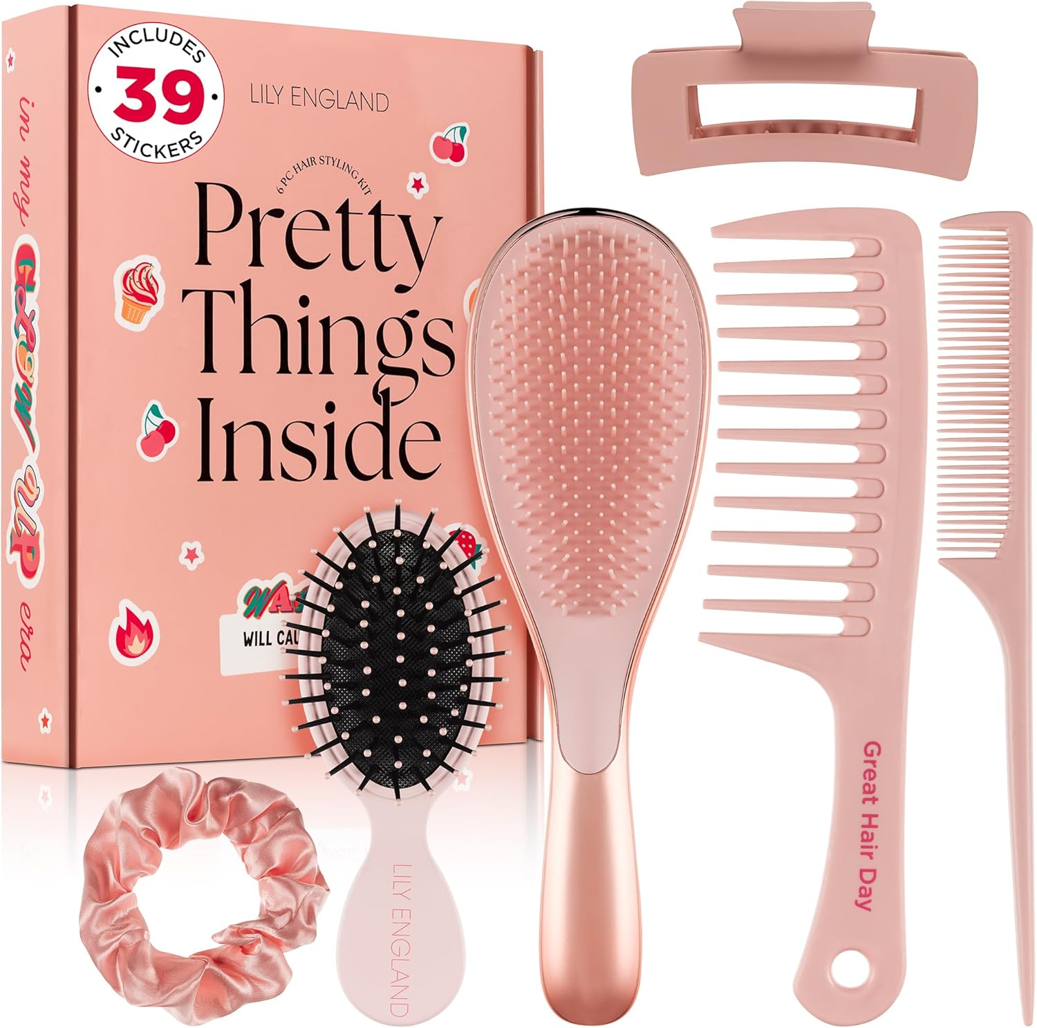 Lily England Detangle Hair Brush for Thick, Curly & Straight Hair - Fun Stocking Fillers for Teenage Girls & Kids with Decorative Stickers - Teenage Girl Gift (Rose Gold, 6 Pack + 39 Stickers) image number 3