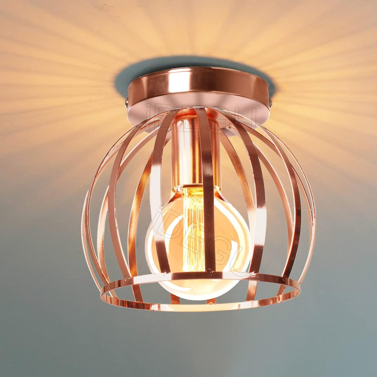 Idegu Vintage Ceiling Light, Industrial Ceiling Lamp, Diameter 20 Cm, Geometric Cage Design Lampshade, Retro Ceiling Light, E27 Lighting for Bedroom, Kitchen, Living Room, Rose Gold
