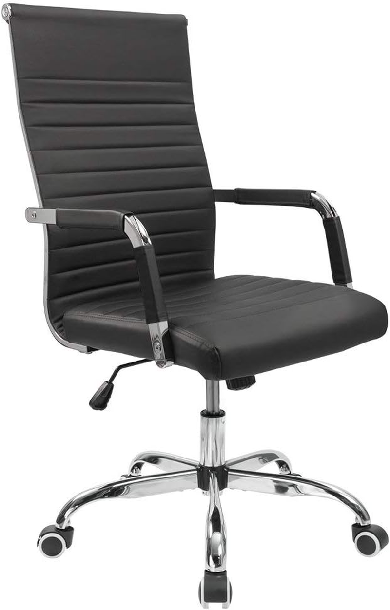Ribbed Office Desk Mid-Back Pu Leather Executive Conference Task Adjustable Swivel Chair with Arms, White