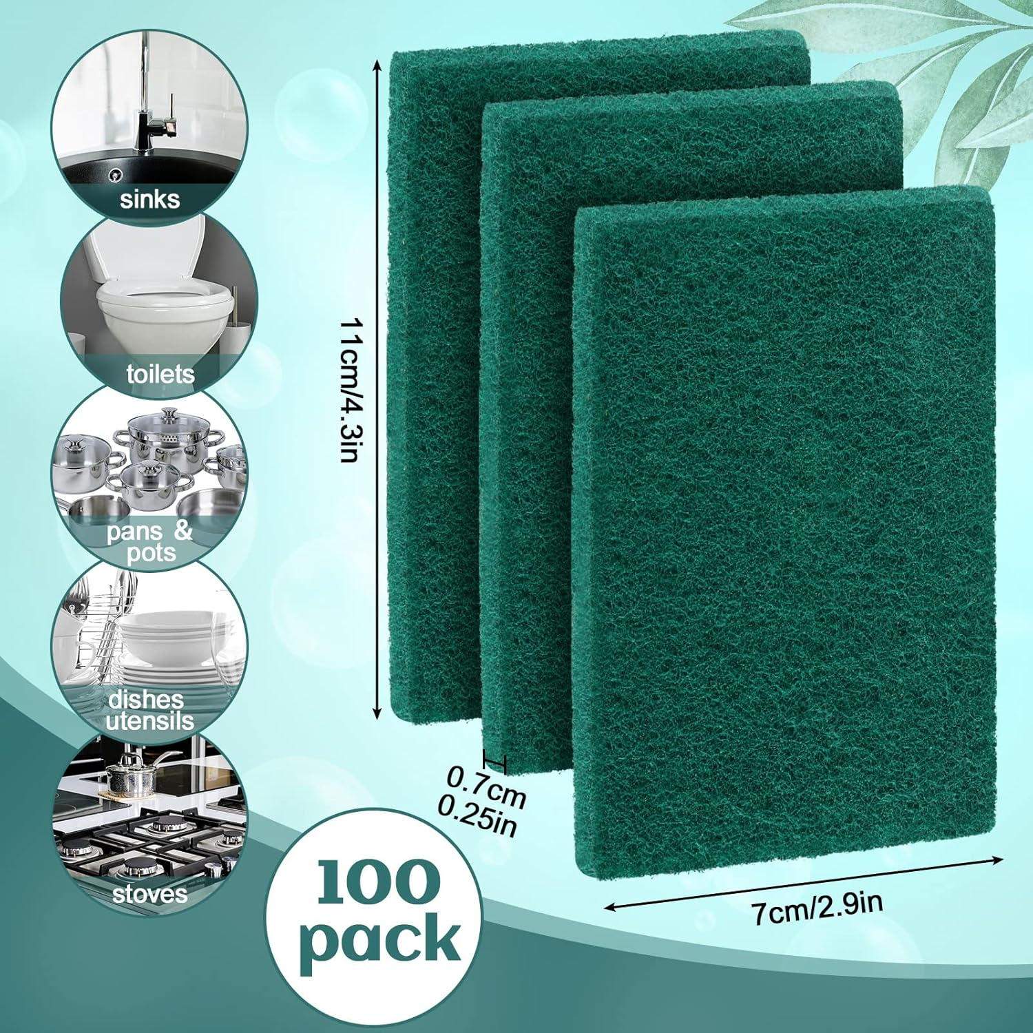 Hoolerry 100 Pcs Heavy Duty Scouring Pads Non Scratch Household Scrub Pads for Cleaning Reusable Pan Scrubber anti Grease Scrubbing Pads for Dish Kitchen Metal Grills, 4.3 X 3 X 0.3 Inch (Green) image number 3