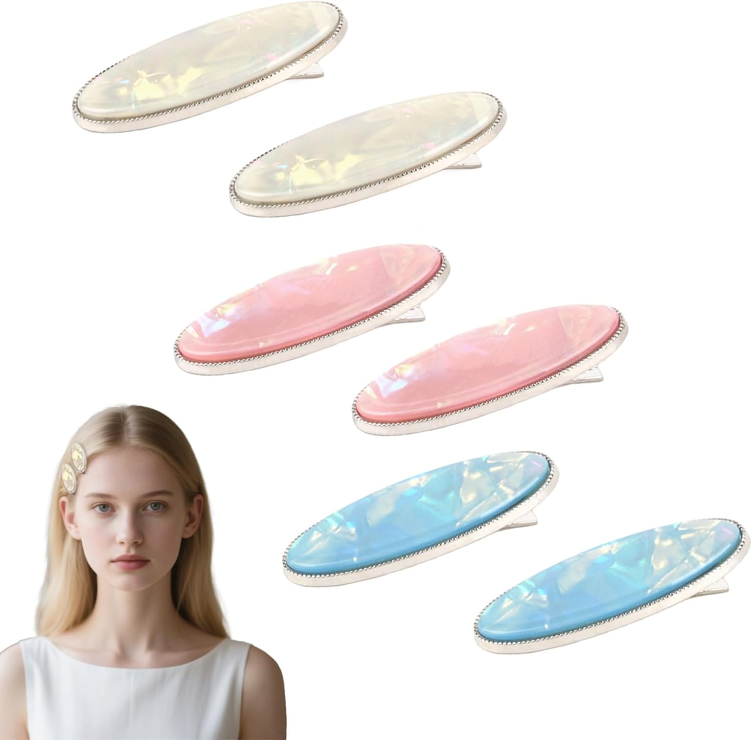 EXIPSAT Oval Hair Clips Set (3 Pairs), Shiny Hair Clips, without Bend, Hair Clips for Women, 3 Colours (Pink, White, Blue) image number 3