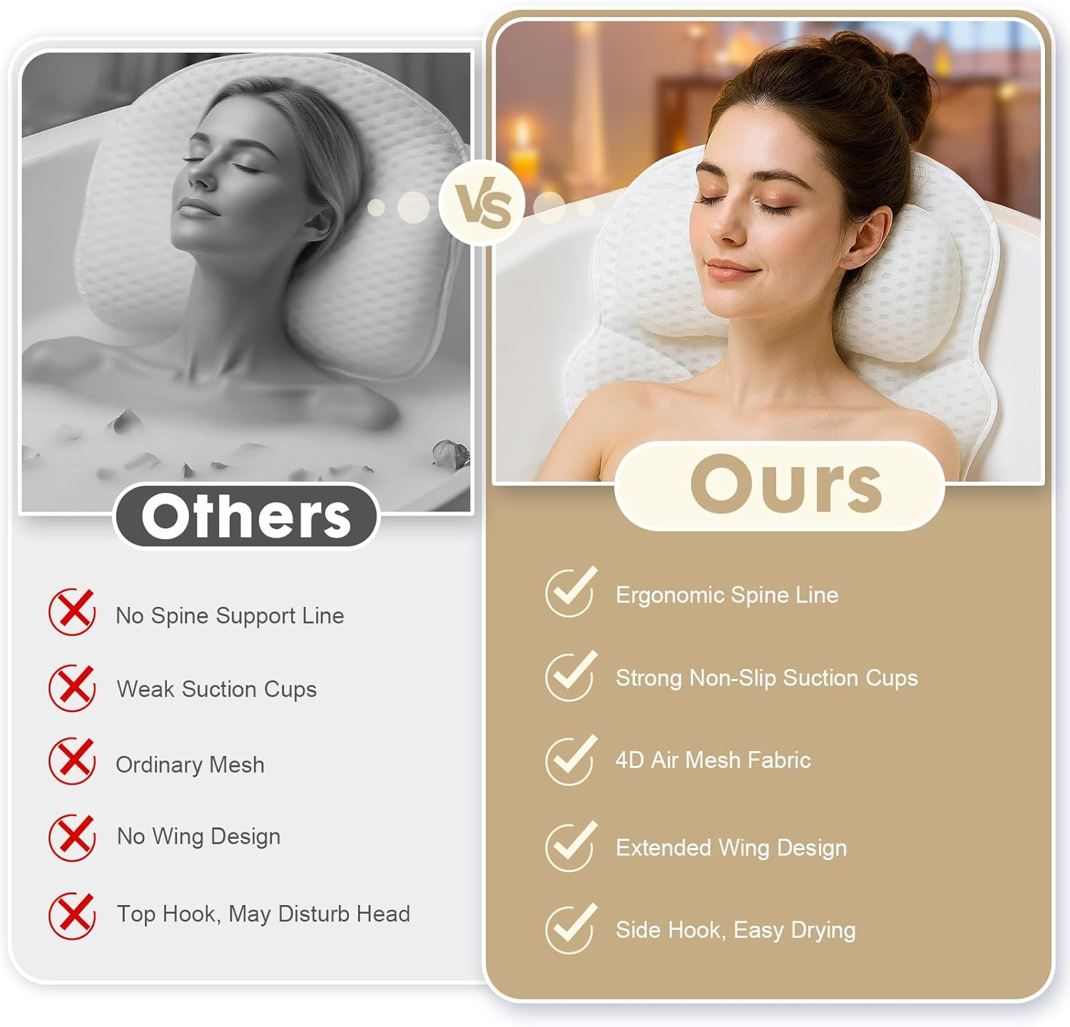 Bath Pillows for Tub &ndash; 4D Air Mesh Bathtub Pillow with Head, Neck & Shoulder Support, Larger Size Non-Slip Tub Pillow for Bathtub & Jacuzzi, Bath Tub Pillow with Wash Bag, Gift for Women & Men image number 5