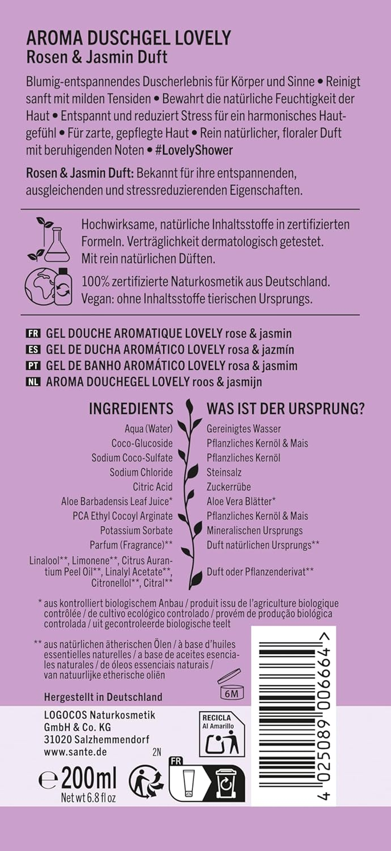 SANTE Naturkosmetik Aroma Shower Gel Lovely, Floral Fragrance of Rose & Jasmine, Soothing & Balancing, Vegan Natural Cosmetics without Synthetic Fragrances, 200 Ml image number 1