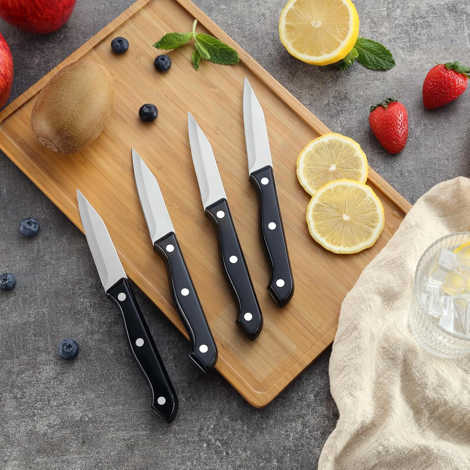 BEWOS 4-Piece Stainless Steel Paring Knife Set - Premium 3.5 Inch Paring Knives with Ergonomic Handles Secure, Triple Rivet, Cutting & Peeling Knives for Vegetables and Fruits, Black image number 6