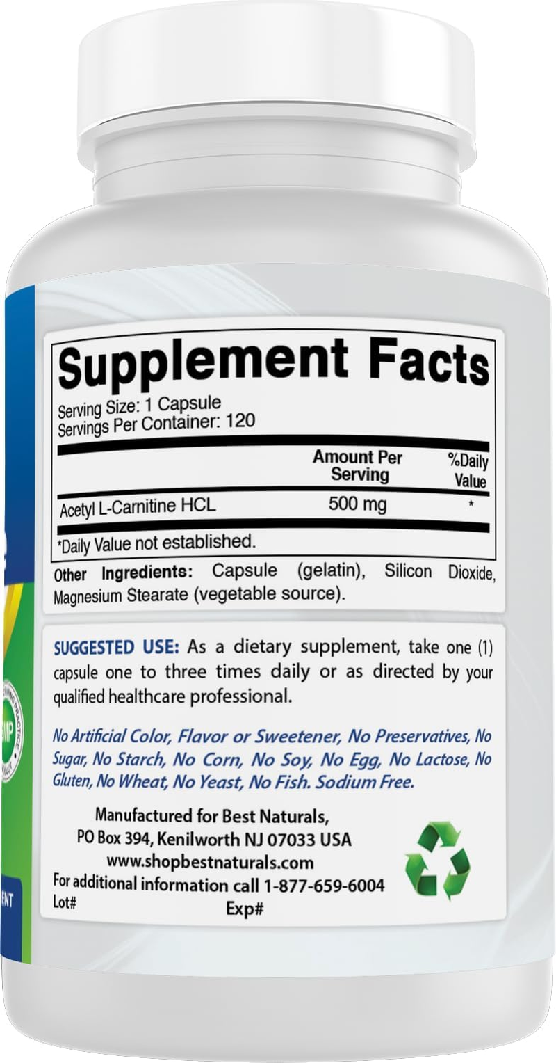 Best Naturals Acetyl L-Carnitine 500 Mg 120 Capsules (120 Count (Pack of 2)) image number 5