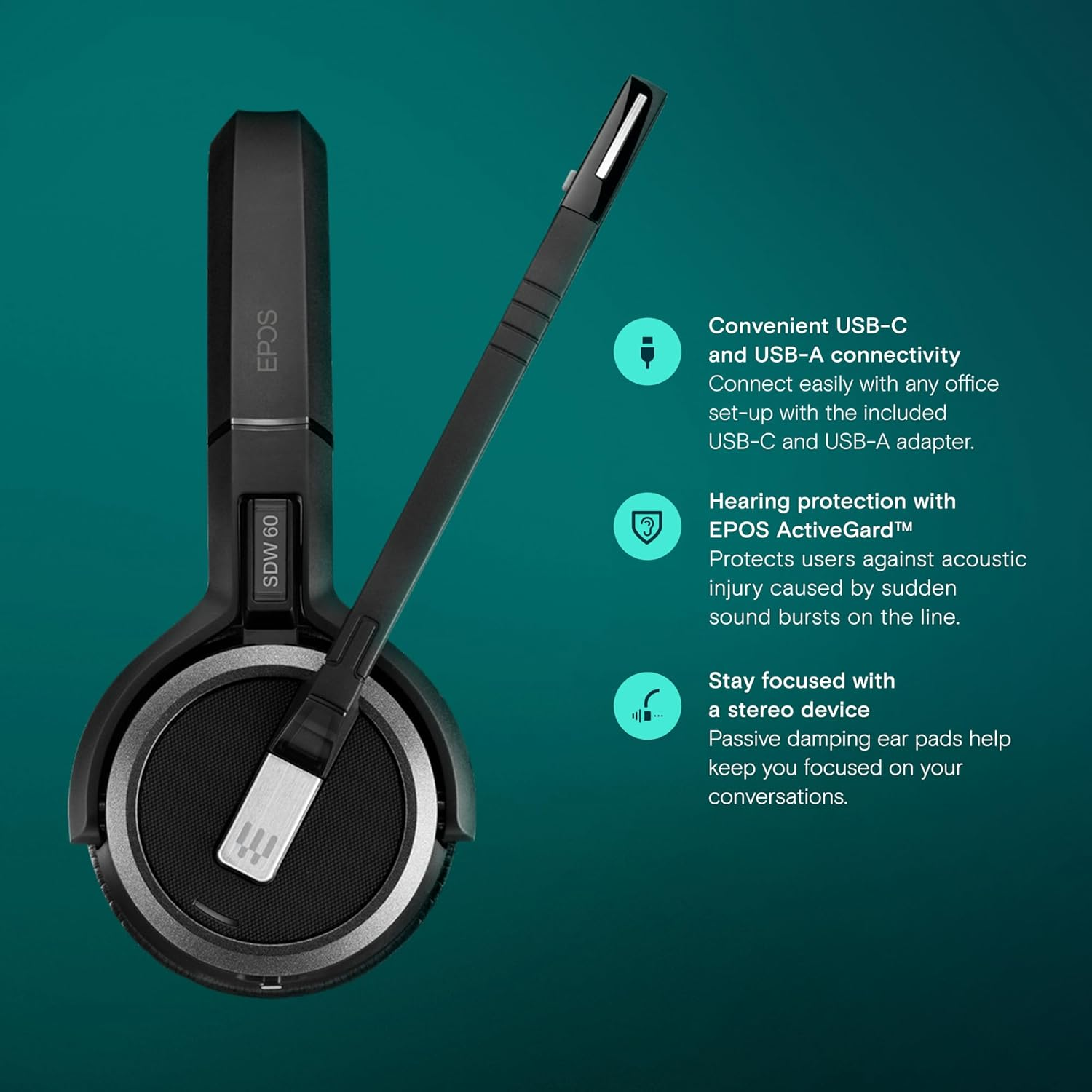 EPOS Impact 5000 Go MS Stereo - Professional DECT Wireless Stereo Headset with Noise Cancelling Microphone, Microsoft Teams Certified, 135 M Range, Foldable Charging Station & USB-A Dongle image number 4