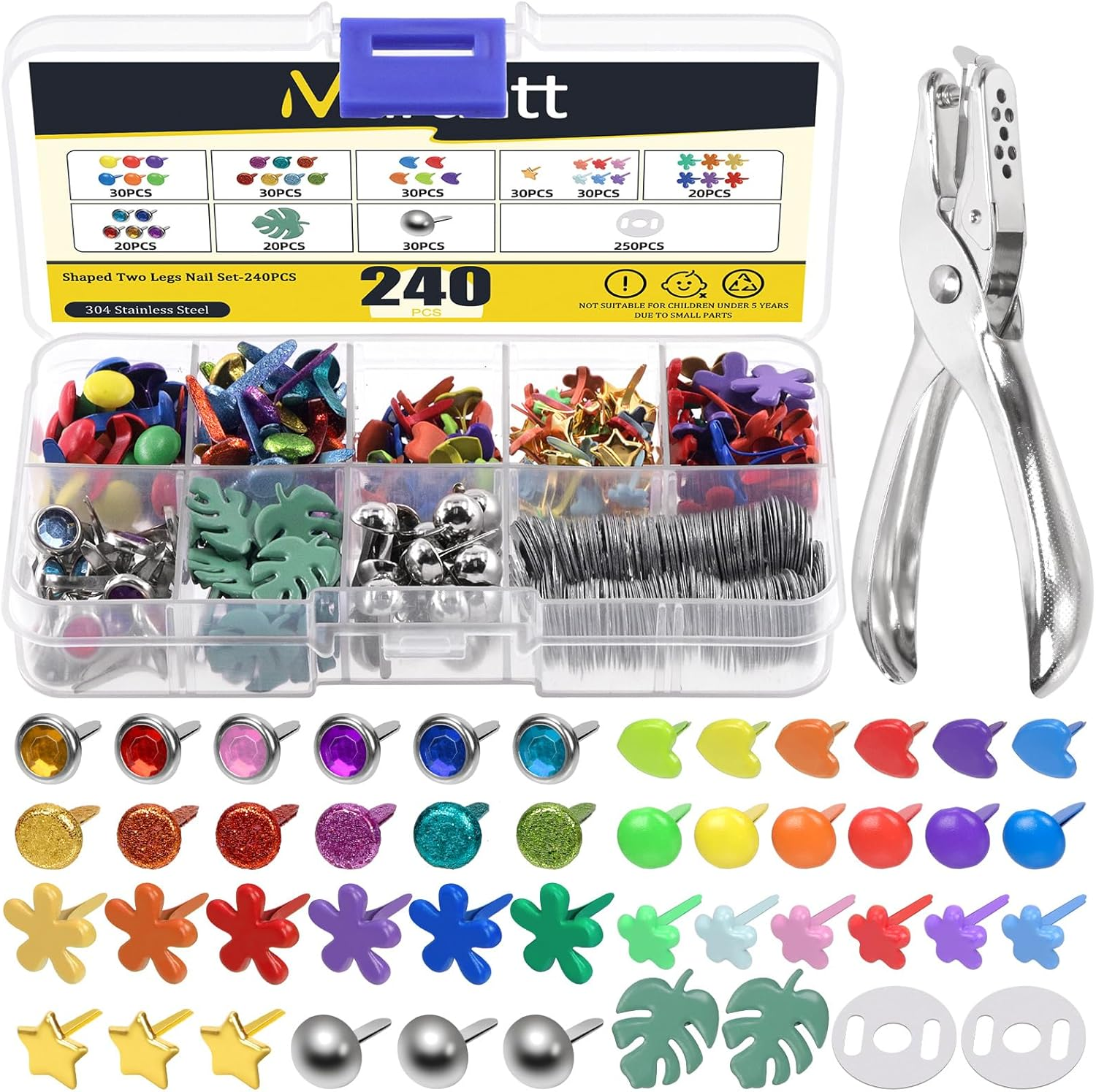 Mardatt 240 Sets 9 Styles Multicolor Mini Brads, Brads Paper Fasteners Split Pins Pastel Brads Metal Brads with Washers, Hole Punch Pliers for Scrapbooking DIY Crafts image number 2
