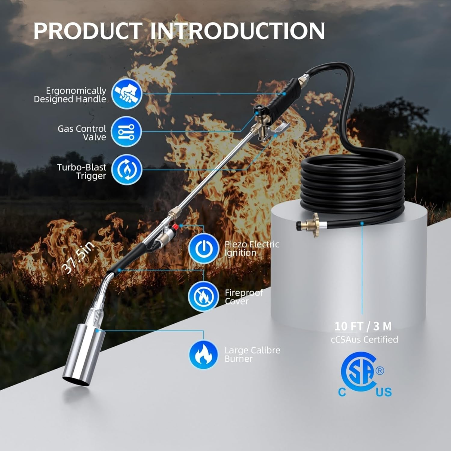 Propane Torch Weed Burner, 800,000 BTU Propane Gas Blow Torch Head Weed Torch with 10FT Hose, Flame Control, Turbo Trigger Push Button Igniter, Flamethrower for Burning Weed Roads Paint Removal Silver image number 4