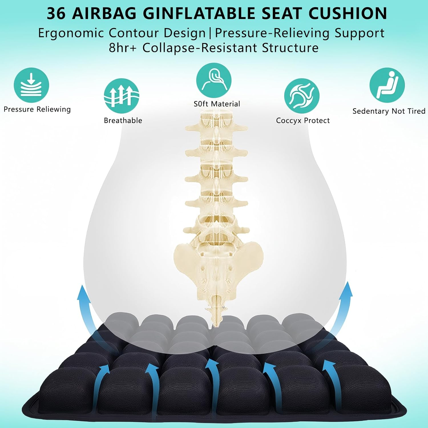 Travel Seat Cushion, Comfortable 3D Air Seat Cushions, Inflatable Travel Cushion for Airplane, Car Set, Office Chair, Wheelchair, Floor Floor Cushions, Pressure Relief Self Inflating with 36 Airbag image number 2