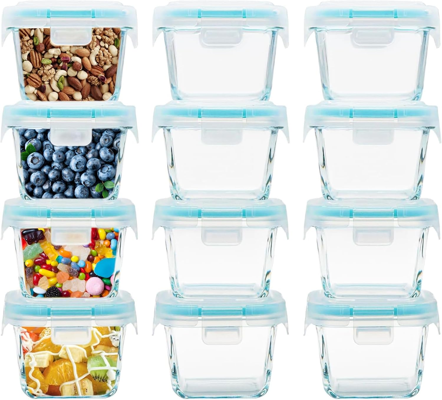 12 Pack Glass Food Containers with Lids, 150ML Meal Prep Containers, Reusable & Airtight & Leakproof Food Jars for Sauce Snack Yogurt Dressing Dip Dessert, Microwave, Freezer, Dishwasher Safe (Square)