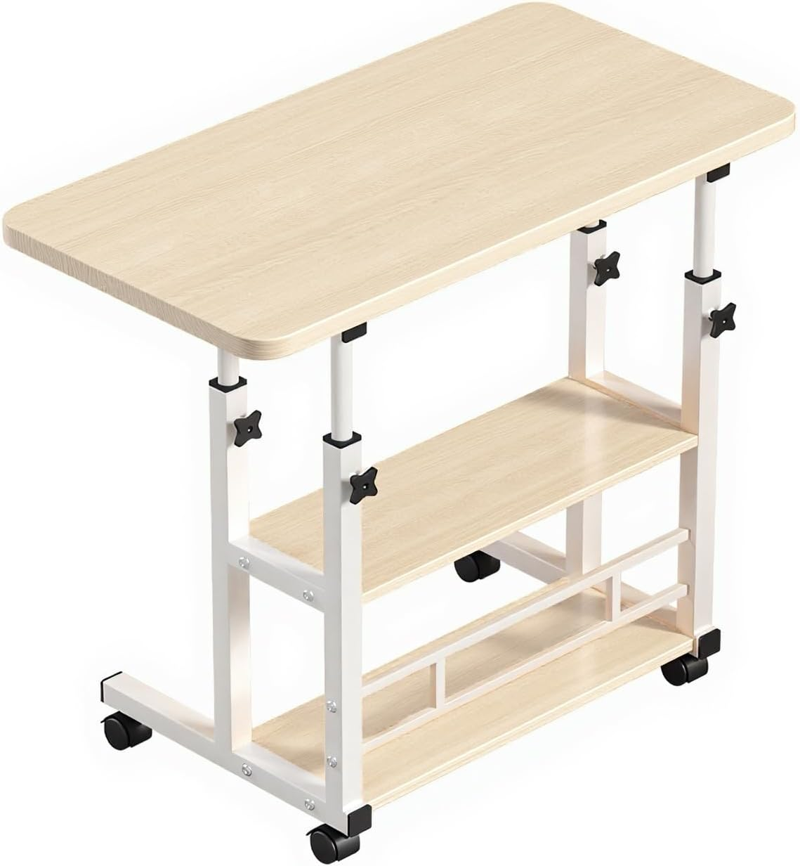 Height Adjustable Laptop Desk with Storage Shelf, Durable Computer Table with Rolling Wheel, Portable Side Table for Home Office Work Study Reading (Light Brown)